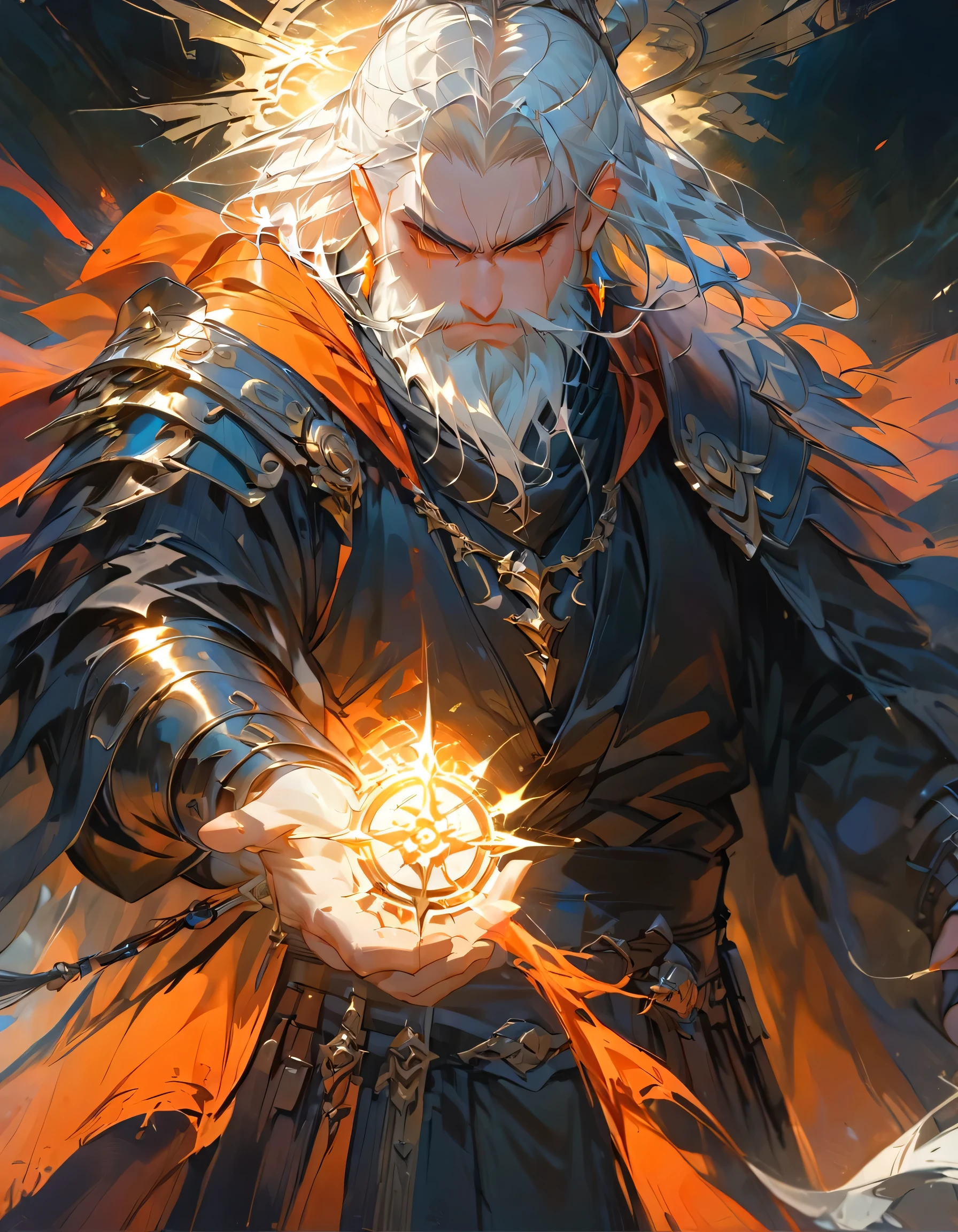 male, dwarf, (Masterpiece 1.5, intense details)cleric, paladin, (Masterpiece 1.5, intense details), casting a spell (Masterpiece 1.3, intense details),wearing heavy black armor with spikes (Masterpiece 1.2, intense details), orange cloak with sun symbol, flowing (Masterpiece 1.5, intense details) holy symbol, white hair, long braided beard, hair strand, frown, serious, high detail, Realism, Action painting, depth of field, god rays, wide shot, panorama, Ultra-Wide Angle, UHD, super detail, high quality, 16K, highres