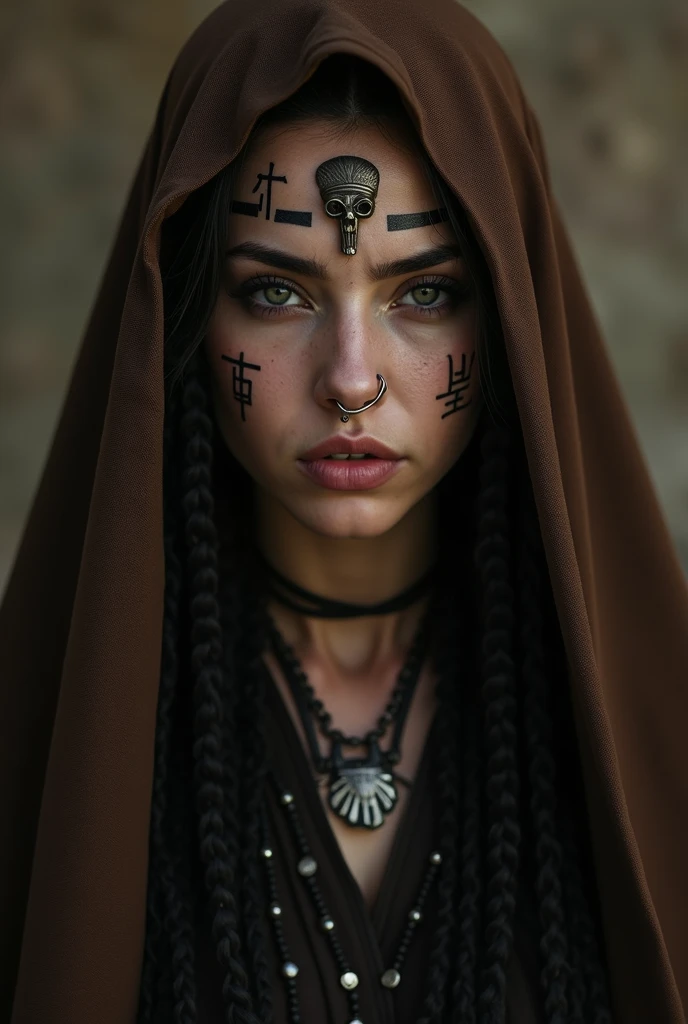 40 year old beautiful scandanavian woman, big green eyes, skin imperfections, freckles, aloof expression, ((astonishing naked nudist fetish femdom nun)), standing up, elegant, veil, sexy face, sexy, voluptuous, big teardrops , round cute sweet face, detailed skin texture, round sexy ass, look at viewer, sexy femdom, sweet lovely candid expression, fetish clothes, ((transparent sheer sexy lingerie)), bottomless, stockings, in an ancient castle, large breasts, nice pierced nipples covered by braids, excited, inviting big promising smile, long ginger hair, two braids, Large brightly colored tribal tattoos cover most of her body/chest/arms/neck/stomach/shoulders: 1.5, hyper detailed realistic scene, half body shot, dynamic natural pose, nsfw: 1.8