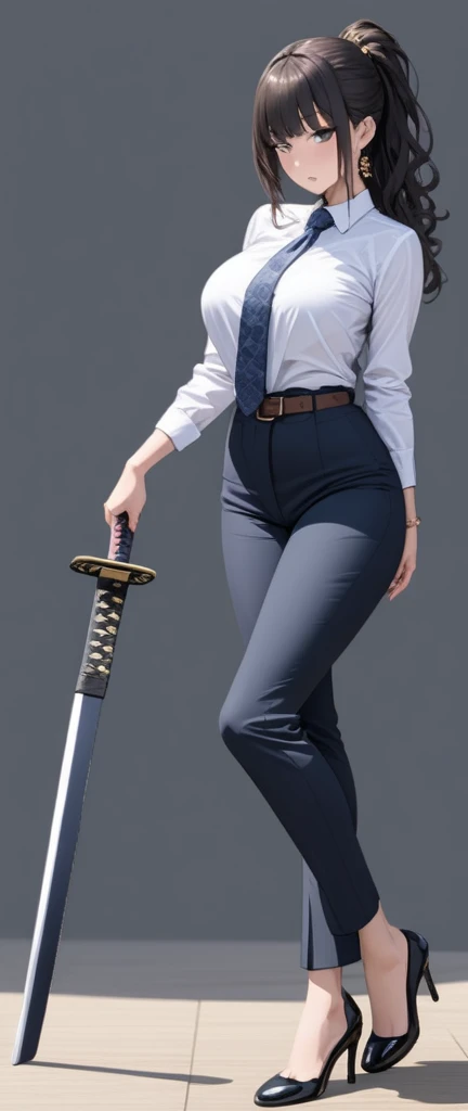 ((masterpiece)), ((high quality)),((ultra-detailed)), ((extremely detailed)),4K,8K, wearing navy pants suit, 2, in Office Suit, Office pants,very tall girl with a perfect big butt, 1girl, middle big ass, skin fit pants, tight suit,big breasts, Roll up sleeves ,black curly hair, ponytail, office lady, full body closed-up, black patterned floury pumps, plain background, earrings,  Tuck in shirt, hand on elegant Japanese sword with sheath, brown belt, hime cut, cold beauty, perfect hands, perfect face, perfect eyes, perfect body, Japanese style hair ornament, bracelet, holding_sword, Angle from front, blue plaid necktie, stand with own legs apart