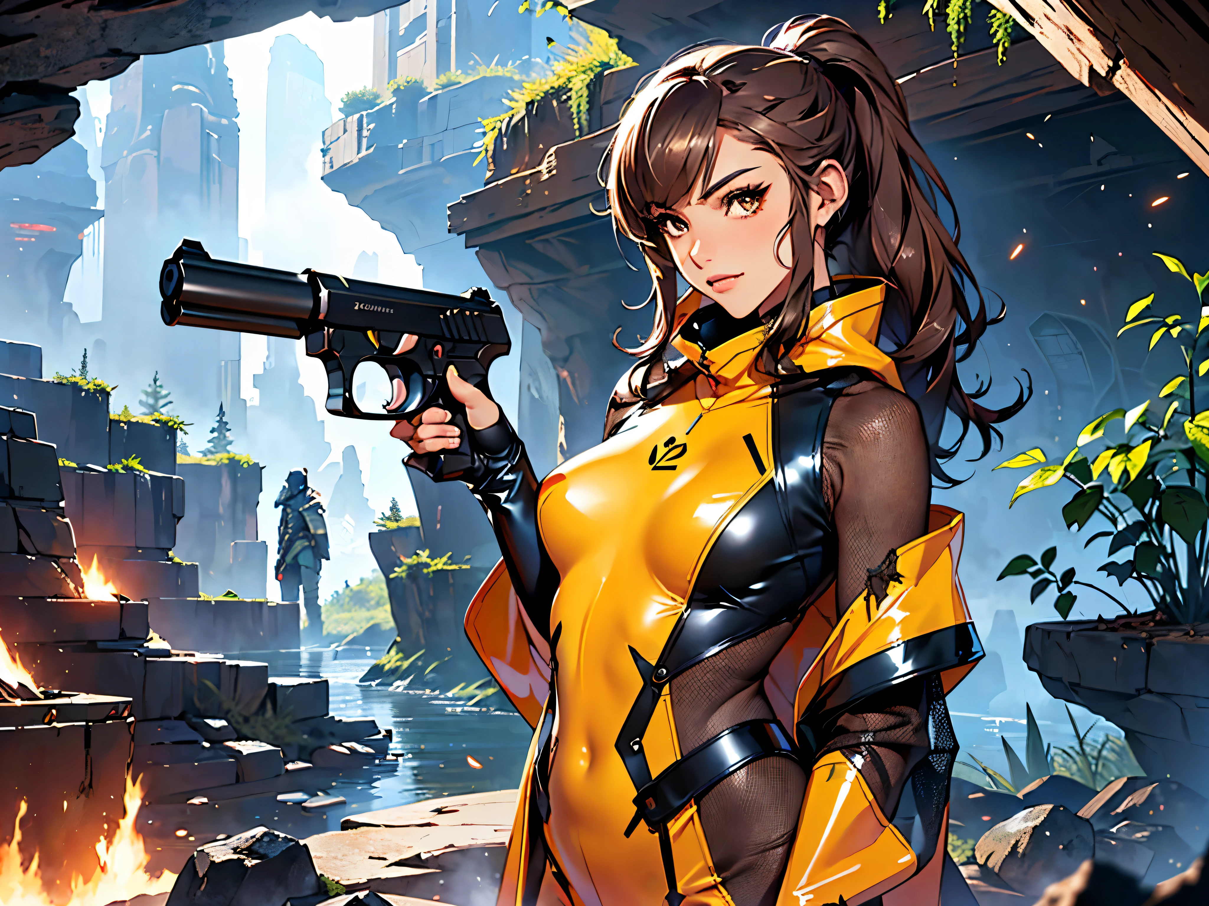 1girl, slender body, slim, extremely long ponytail, (((dark brown hair, brown eyes, tan skin))), brown skin, smirk, tight clothes, ((ochre latex bodysuit)), (black armor), ((frayed poncho)), (((hexagonal mesh))), ((extremely glossy)), ((futuristic handgun, sci-fi pistol)), ((steam vents, rocky canyon))
