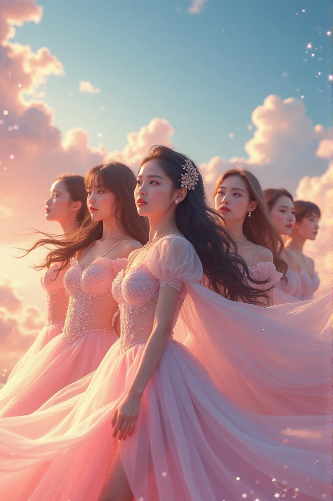 I'm taking photos for a new concept album. Create a girl group concept photo with floating clouds