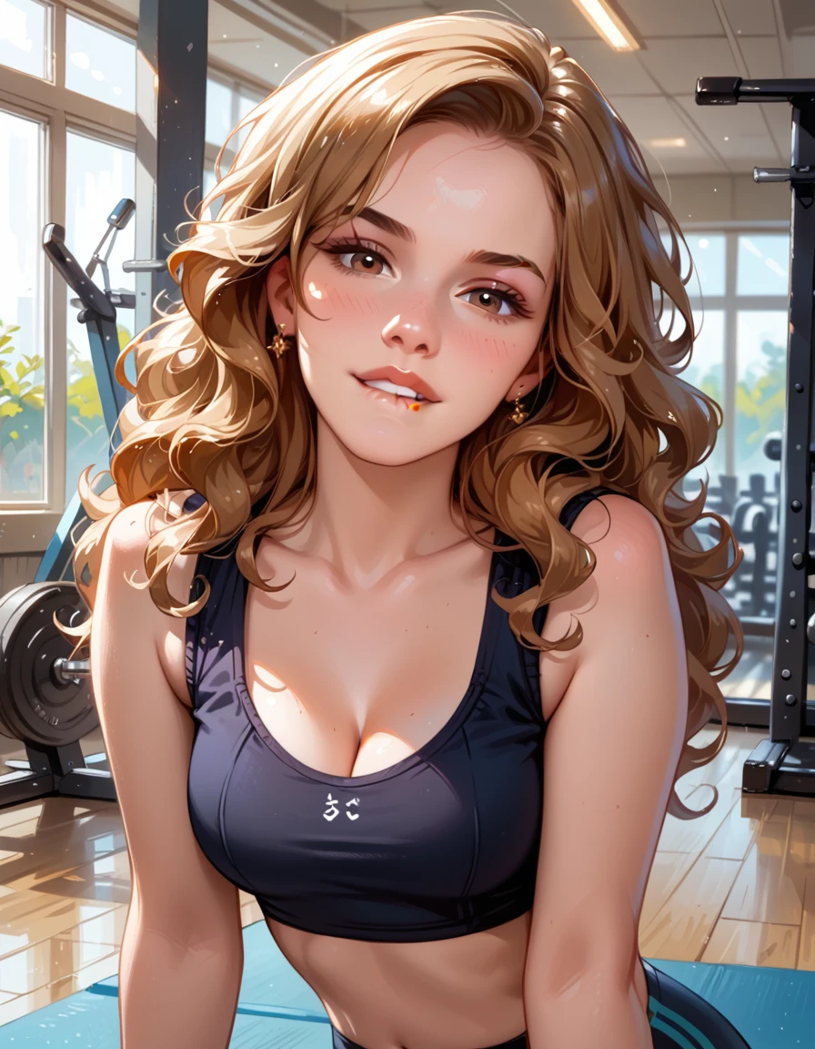 score_9, score_8_up, score_7_up, rating_questionable, epiCPhoto, 1girl, very sexy ((Hermione Ganger, cartoon of hrmgrgr, long wavy hair, light brown hair, brown eyes:1.1), beautiful waifu, burgubdy yoga top, in gym, thicc, solo, cute, flirt, gaze, sexy look, (sultry look, biting bottom lip:1.3), half-closed eyes, head tilt, filled lips, thick lips, makeup, modelling shoot, sexy pose, face portrait, close-up.