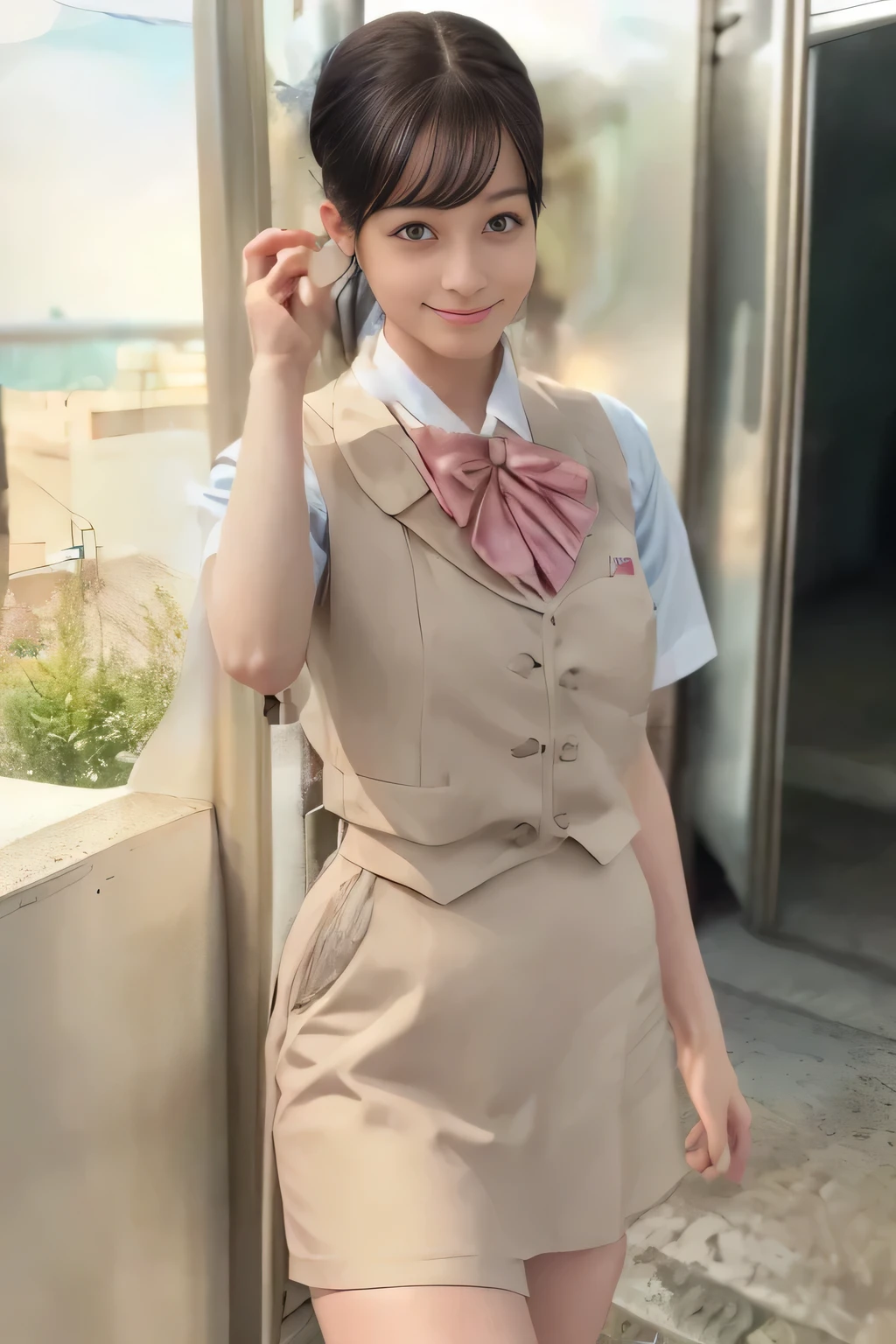 (masterpiece:1.2, Best Quality:1.2), 32K HDR, High resolution, (Alone、1 girl)、（On the roof of a building during the day、Professional Lighting）、Building rooftop background、（Real style of JR Woman wearing train crew uniform beige）、（（JR Female Train Crew Uniform Beige Light Blue Blouse Short Sleeve 、 Knee-length culottes skirt、Beige vest、scarf））、Dark brown hair、（Long Hair、Hair tied up、Hair tied up）、Dark brown hair、Long Shot、Big Breasts、Thin legs、（（Great hands：2.0）），（（Harmonious body proportions：1.5）），（（Normal limbs：2.0）），（（Normal finger：2.0）），（（Delicate eyes：2.0）），（（Normal eyes：2.0））)、smile、（JR Woman Train crew uniform beigeのKnee-length culottes skirtを見せた美しい立ち姿）、Hands down