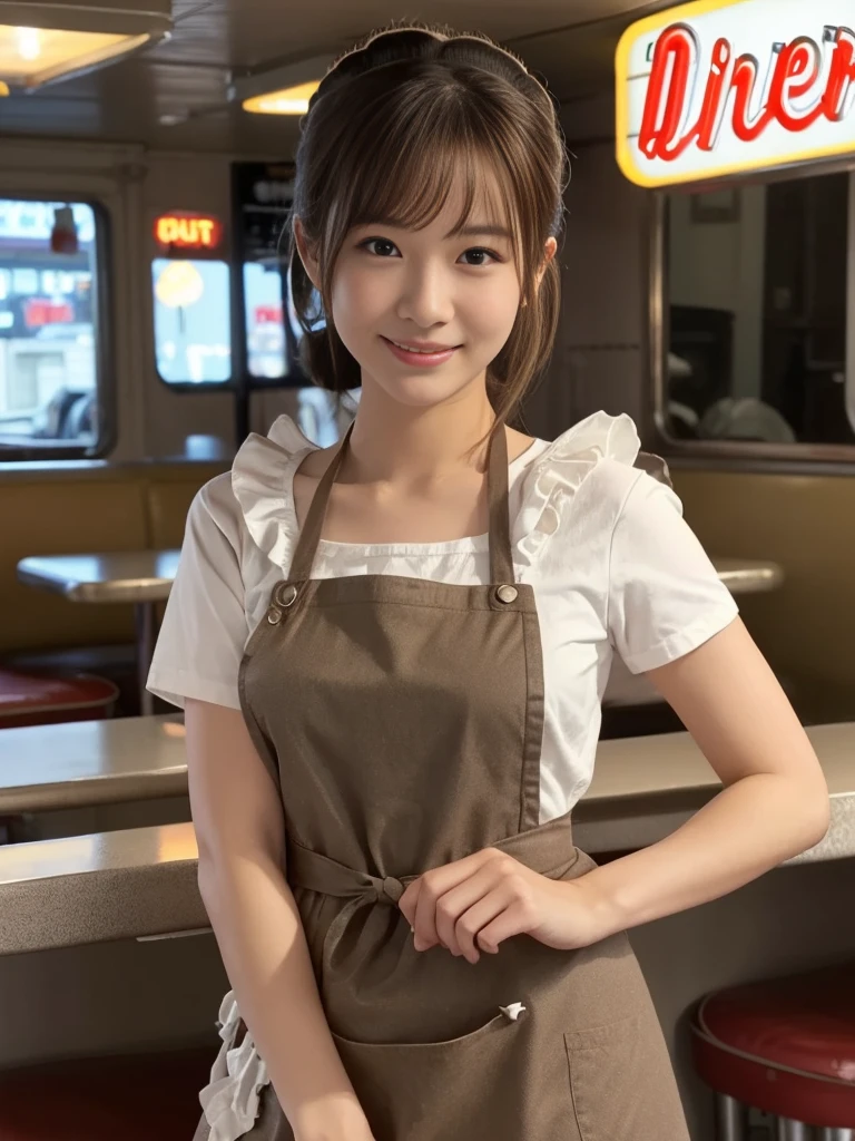 21 years old girl (Japanese cute face) wearing very short mini skirt and apron and working at the coffee cafe with sunflowers