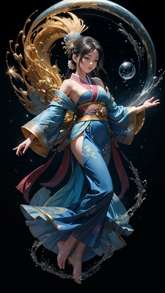 The image depicts a captivating small character with flowing black hair cascading down to her feet, elegantly adorned in a traditional Heian-era twelve-layer kimono. She dances gracefully, embodying the essence of beauty and serenity. The vibrant blue background is adorned with whimsical flowers, sparkling stars, and floating bubbles, all intertwining to create a fantastical atmosphere. The scene radiates enchantment and charm, inviting viewers to immerse themselves in this magical representation of art.