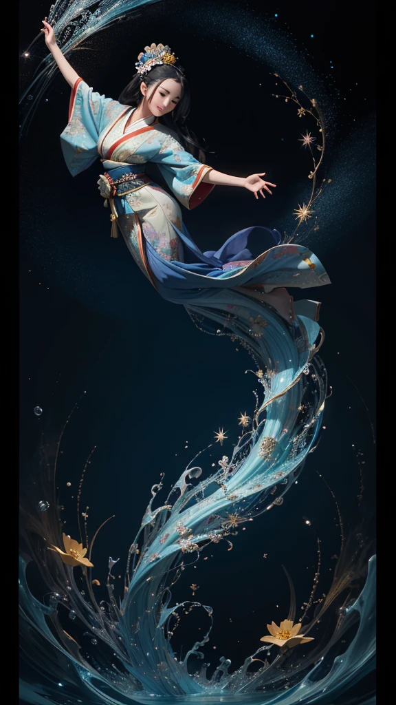 The image depicts a captivating small character with flowing black hair cascading down to her feet, elegantly adorned in a traditional Heian-era twelve-layer kimono. She dances gracefully, embodying the essence of beauty and serenity. The vibrant blue background is adorned with whimsical flowers, sparkling stars, and floating bubbles, all intertwining to create a fantastical atmosphere. The scene radiates enchantment and charm, inviting viewers to immerse themselves in this magical representation of art.