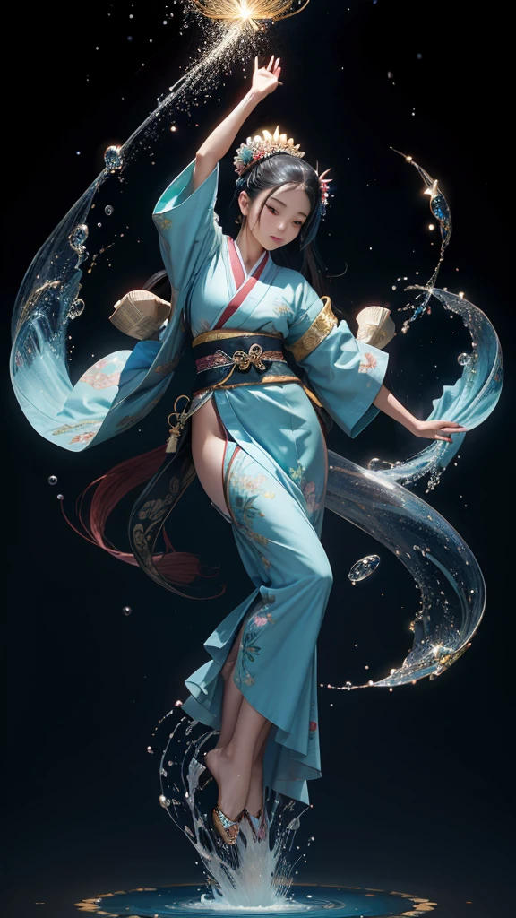 The image depicts a captivating small character with flowing black hair cascading down to her feet, elegantly adorned in a traditional Heian-era twelve-layer kimono. She dances gracefully, embodying the essence of beauty and serenity. The vibrant blue background is adorned with whimsical flowers, sparkling stars, and floating bubbles, all intertwining to create a fantastical atmosphere. The scene radiates enchantment and charm, inviting viewers to immerse themselves in this magical representation of art.