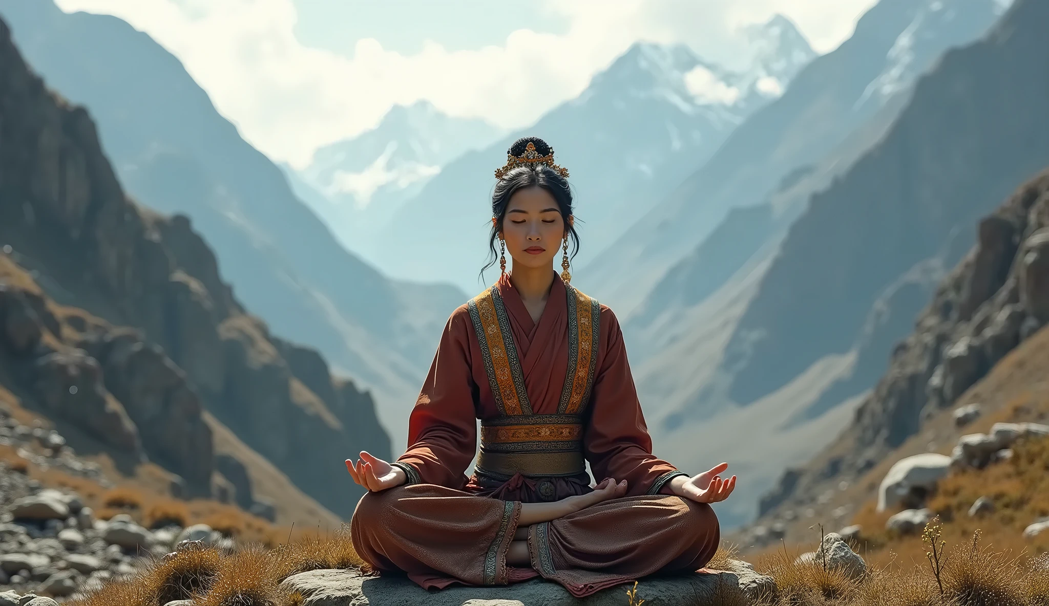 (photorealism:1.2), beautiful tibetan woman , wearing traditional clothing, meditates in a mountain region