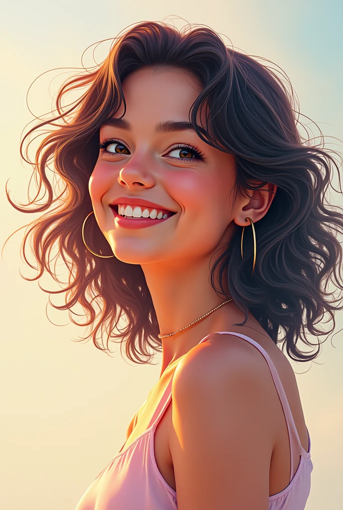 White athletic woman with brown curly hair and honey-colored eyes in a happy profile
