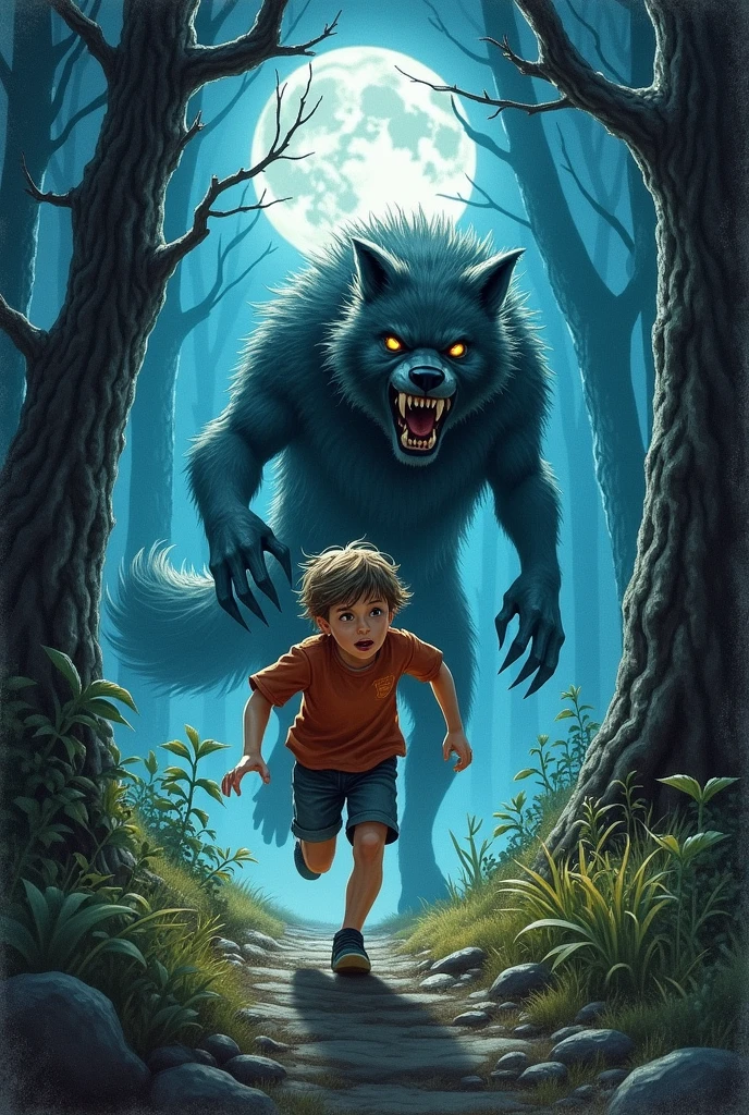 Un enfant en pleure court un loup aux yeux rouges.