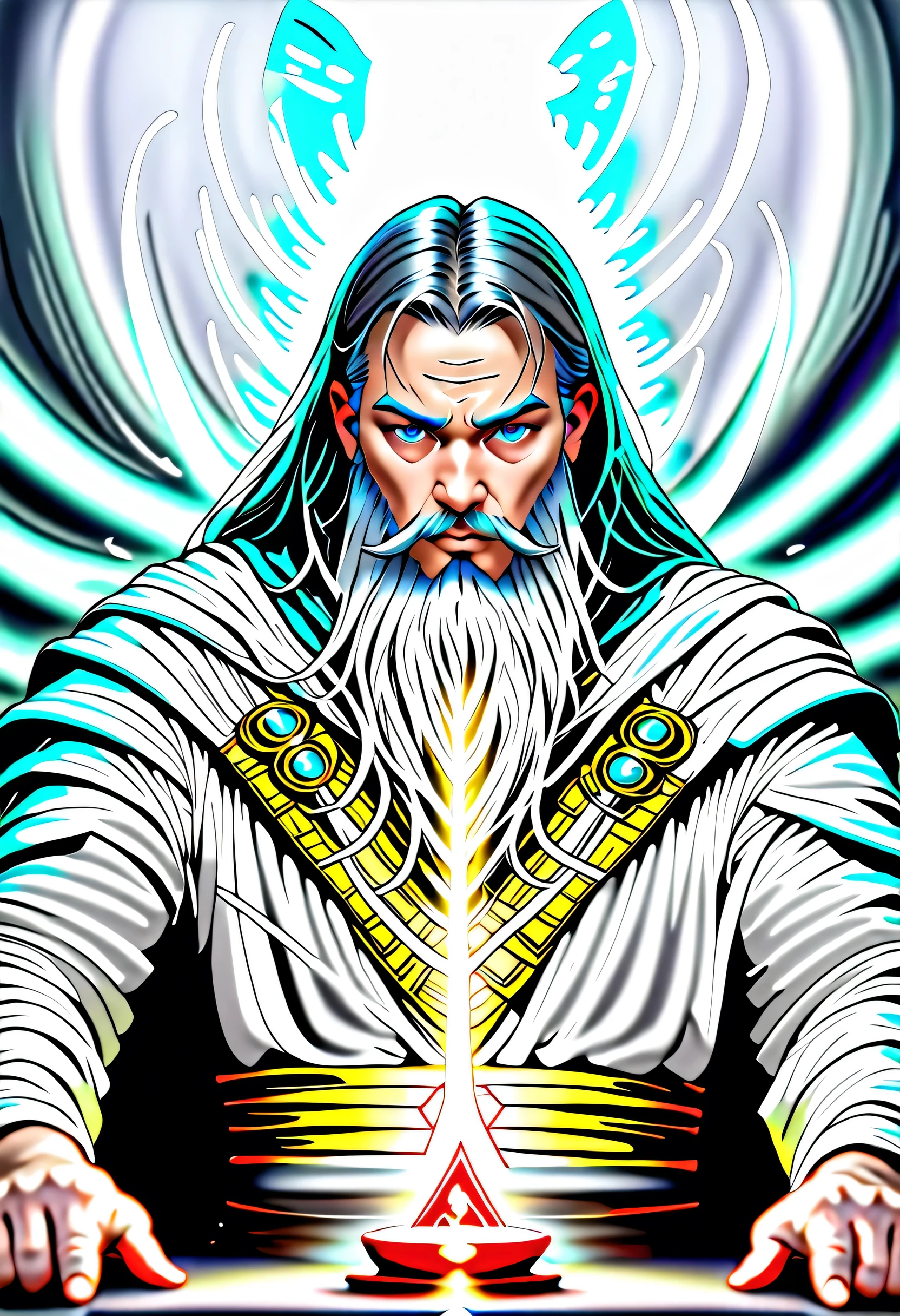 male, dwarf, (Masterpiece 1.5, intense details)cleric, paladin, (Masterpiece 1.5, intense details), casting a spell (Masterpiece 1.3, intense details),wearing heavy black armor with spikes (Masterpiece 1.2, intense details), blue cloak with sun symbol, flowing (Masterpiece 1.5, intense details) holy symbol, long hair , white hair, long braided beard, (there is a red strands in the beard), frown, serious, high detail, Realism, Action painting, depth of field, god rays, wide shot, panorama, Ultra-Wide Angle, UHD, super detail, high quality, 16K, highres