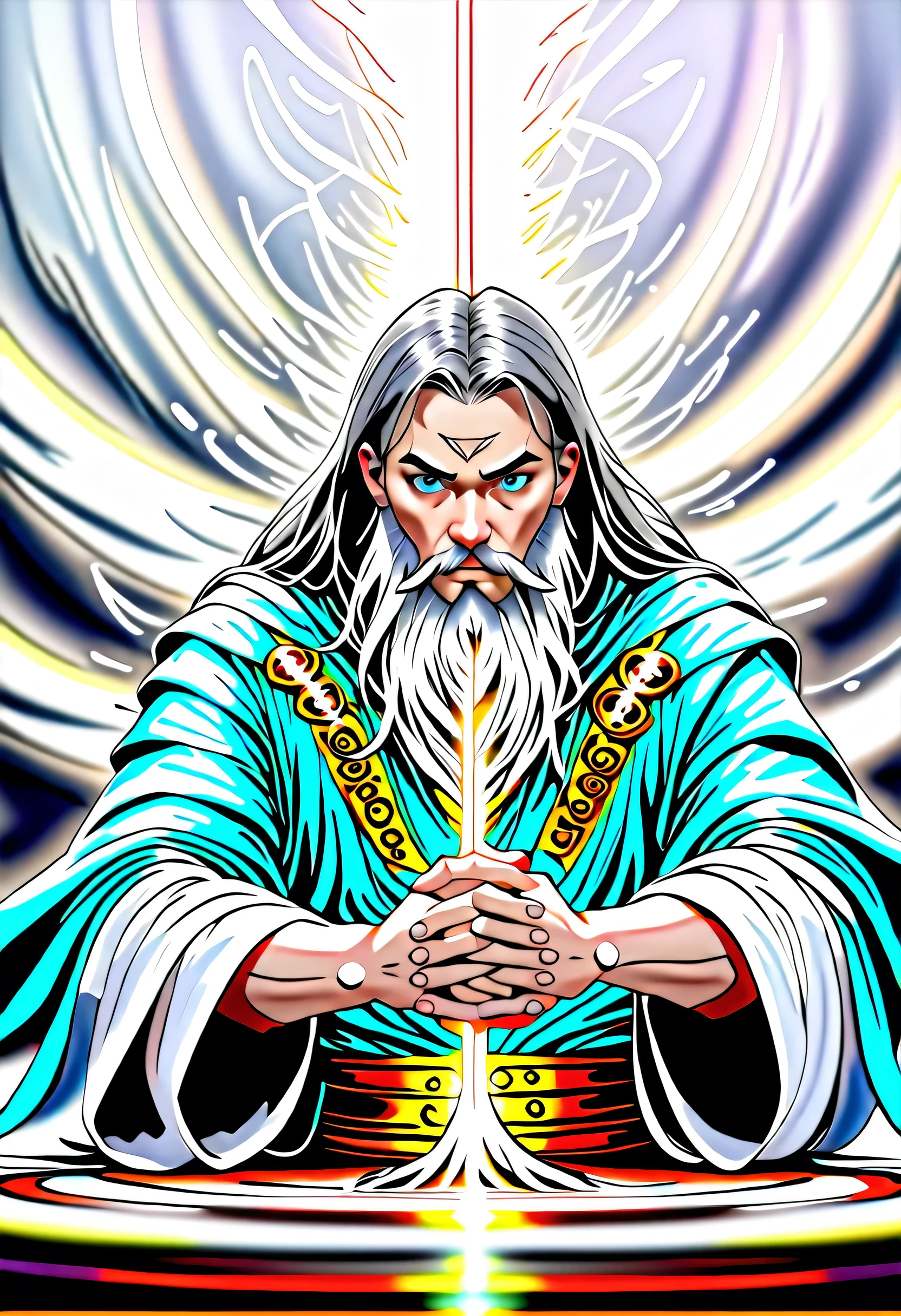 male, dwarf, (Masterpiece 1.5, intense details)cleric, paladin, (Masterpiece 1.5, intense details), casting a spell (Masterpiece 1.3, intense details),wearing heavy black armor with spikes (Masterpiece 1.2, intense details), blue cloak with sun symbol, flowing (Masterpiece 1.5, intense details) holy symbol, long hair , white hair, long braided beard, (there is a red strands in the beard), frown, serious, high detail, Realism, Action painting, depth of field, god rays, wide shot, panorama, Ultra-Wide Angle, UHD, super detail, high quality, 16K, highres