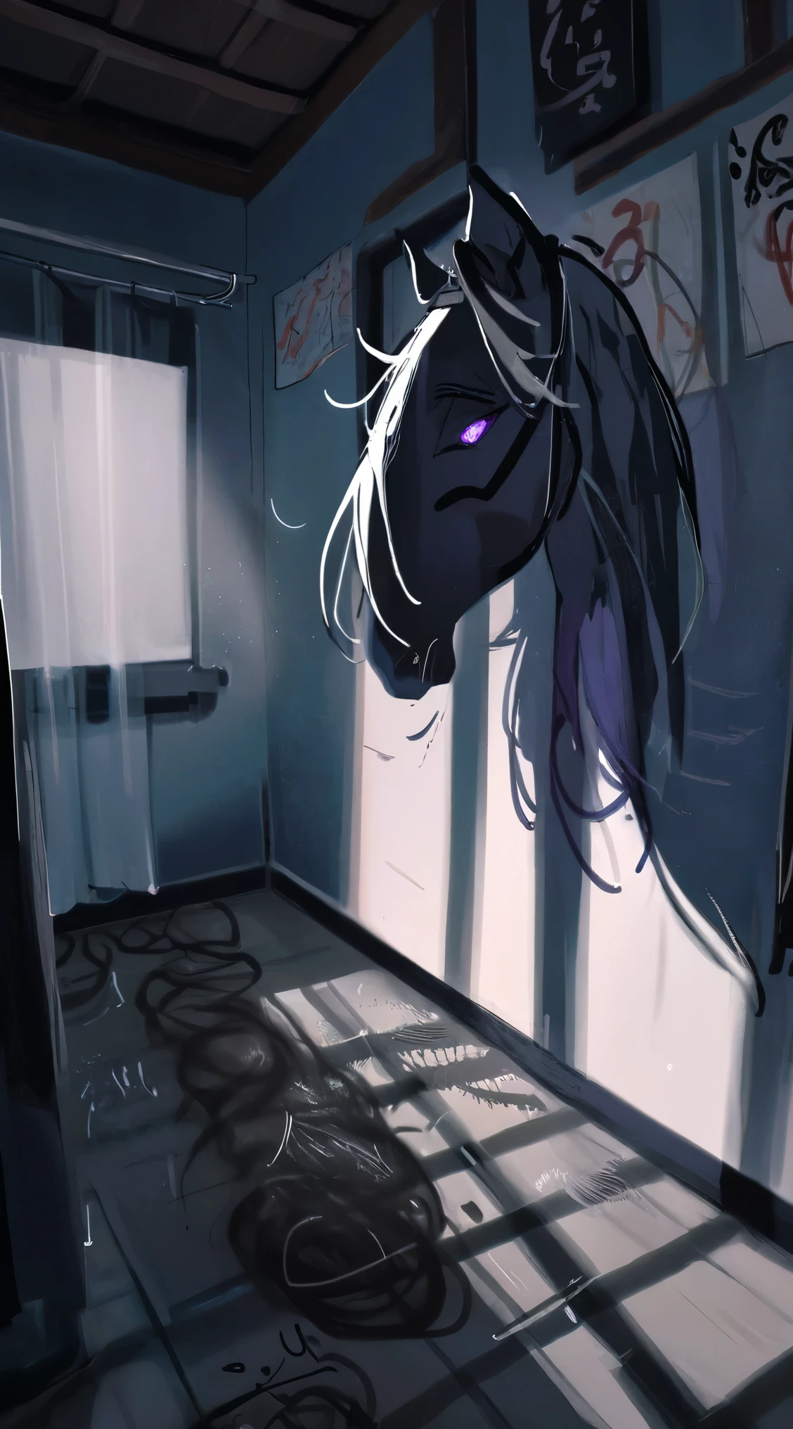 best quality, aesthetic, detailed, by ziyun, 1girl, rice shower, hair over one eye, long hair, horse ears, purple eyes, squiggle, sportswear, detailed face, dark room messy room, shadow dim light, rim lighting