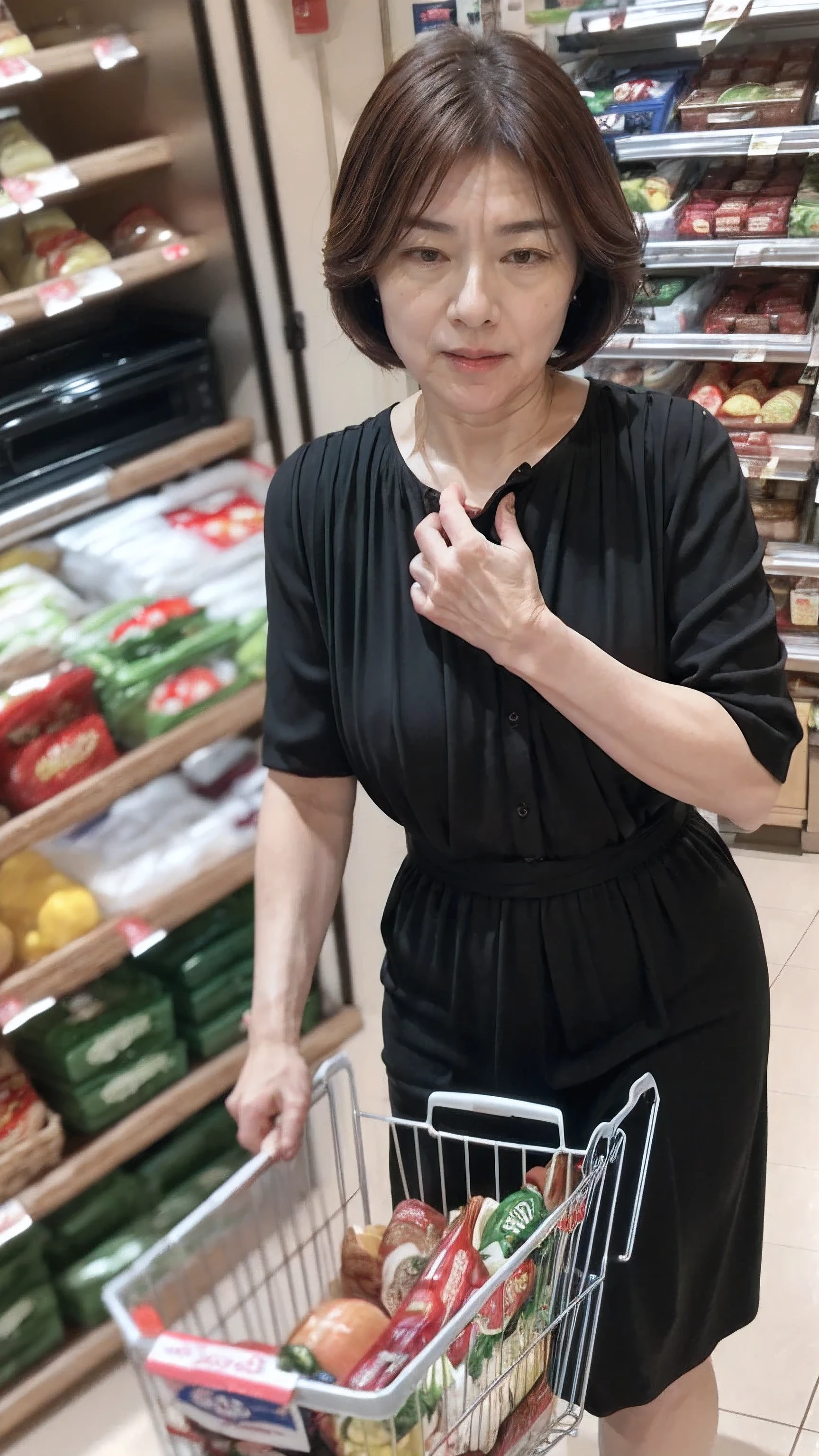 ((Best Quality)), ((8k)), ((masterpiece: 1.3)), (Perfect appearance), (Photorealism: 1.6), (OY), (JMA), (Genuine:1.4), (Japanese mature woman shopping at the supermarket), Perfect Anatomy, (50 years old), Short Bob Hair, (A serious look while looking at the grocery shelves), (Holding a shopping basket), (Grocery store),