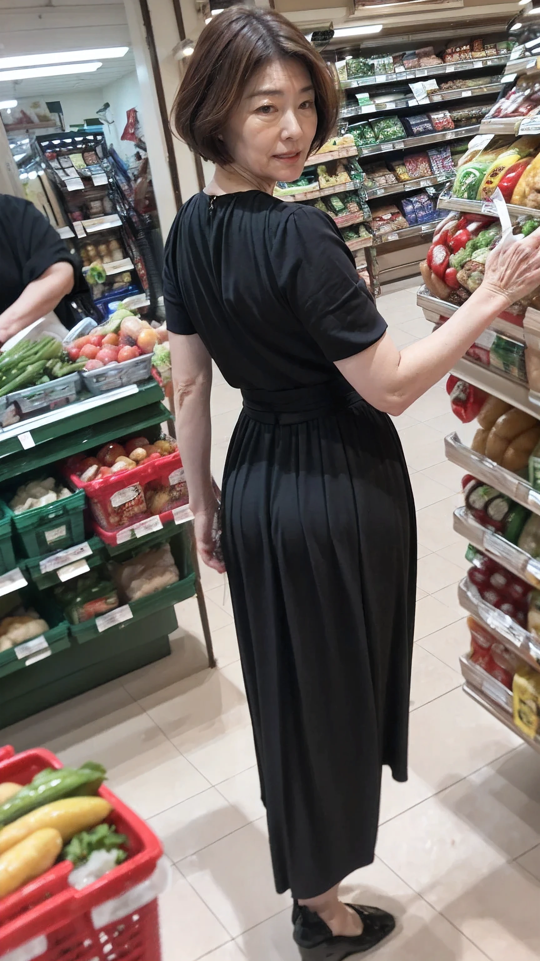 ((Best Quality)), ((8k)), ((masterpiece: 1.3)), (Perfect appearance), (Photorealism: 1.6), (OY), (JMA), (Genuine:1.4), (Japanese mature woman shopping at the supermarket), ((Rear view)), Perfect Anatomy, (50 years old), Short Bob Hair, (A serious look while looking at the grocery shelves), (Holding a shopping basket), (Grocery store),
