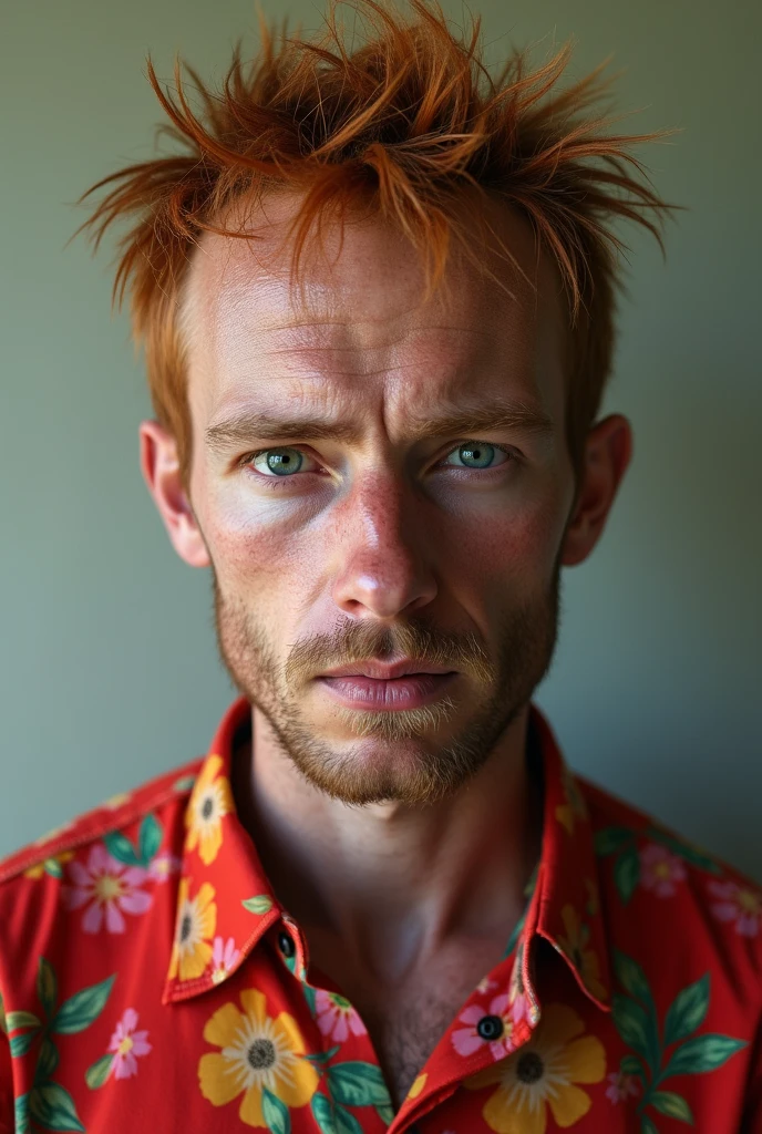 A 39 year old man with red hair and with grey eyes wearing orange jacket with Freckles