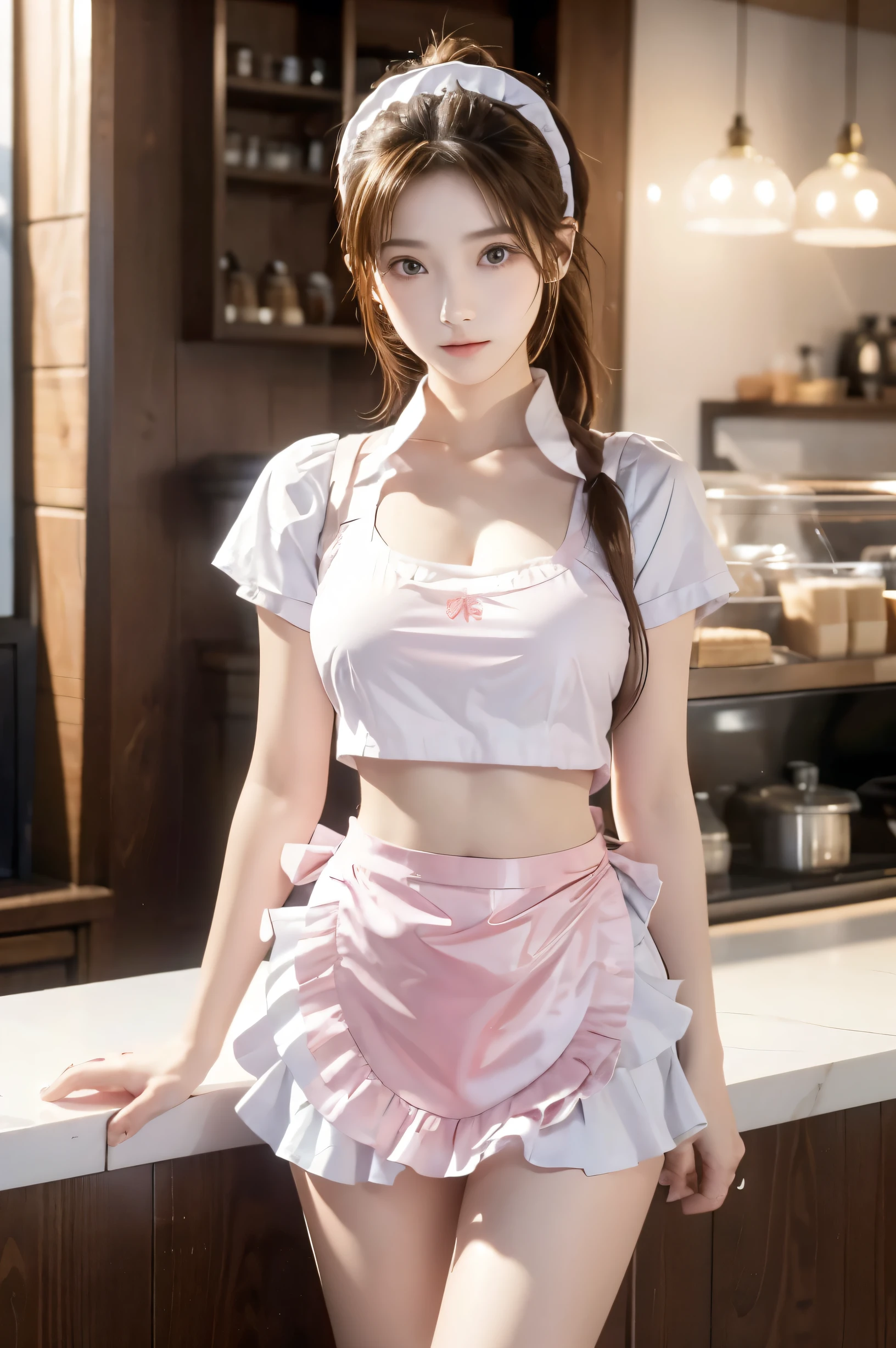 (Ultra HD), (Looking at me), (The whole body is shown), (Pink Waitress:1.2, White ruffled apron), Super beautiful breasts, Big Breasts, Slender, Narrow waist, (Thin legs:1.2), (Thin thighs:1.2), (Thin Hips:1.4), (Beautiful Skin, Shiny skin, White skin), (Super slim face, Super beautiful face, No makeup, Smile:0.6), (Light Brown, ponytail, Layered Cut, Fluffy hair), (Big eyes:1.3, High corners of the eyes:1.6, Double eyelids), (Thin eyebrows:0.1), (Small Nose:0.6), (Thin lips:0.6), Empty-handed, Standing, Coffee shop