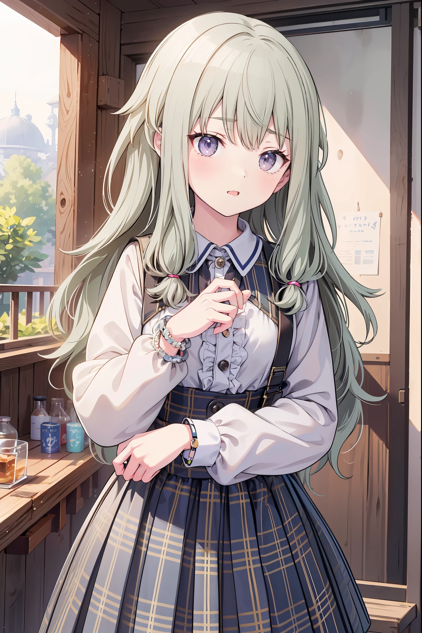 (8k, 最high quality)、超High resolution、Adorable、最high quality, beautiful, (最high quality,4K,8k,High resolution,masterpiece:1.2),Super detailed,Vibrant colors,Soft Shadows,Beautiful brushwork,Attention to detail,Perfect rendering,Rich Skin Tones,(8k, 最high quality)、超High resolution、beautiful肌, Girl、((Adorable))、最high quality, beautiful, (((Absurd beauty)))、idebangs, pink_blouse, black_bow, ruffle_collar, plaid_skirt, grey_and_black_plaid, suspenders, buttons, lace_trim, heart_charm_bracelet, bead_bracelet、Correct proportions、natural、high quality、Shiny Hair、非常に細かくてbeautiful明るい目、Medium chest、nose blush、非常に精細でクリアでbeautiful顔, Awards, Anatomically correct, The light shines on your face, Highly detailed face, Highly detailed lips, beautiful目、Realistic Skin、loafers, award winning, cinematic lighting