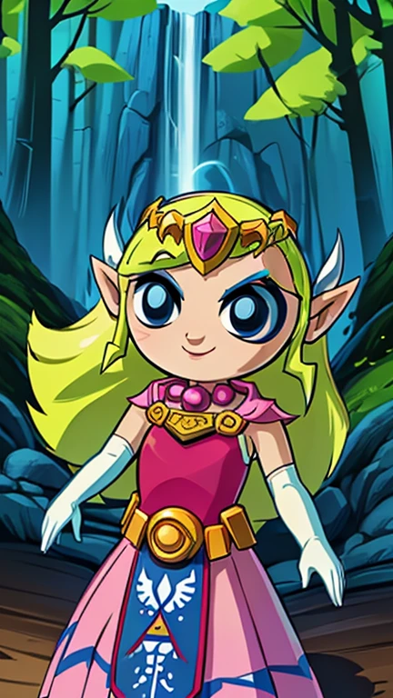 (s:1girl: toon zelda), (extremely detailed CG unit 8k wallpaper),(master part), (best quality), (ultra detail), (best illustration),(digital art), standing, neutral pose, cowboy shot, (Sharp eyeliner, ombre, detailed eyes:1), forest, outdoor, ,break , (Powerpuff Girls - Show Style, chibi), upper body, (smile, gloves, dress, jewelry, elbow gloves, belt, blue eyes, tiara,  looking at viewer, 