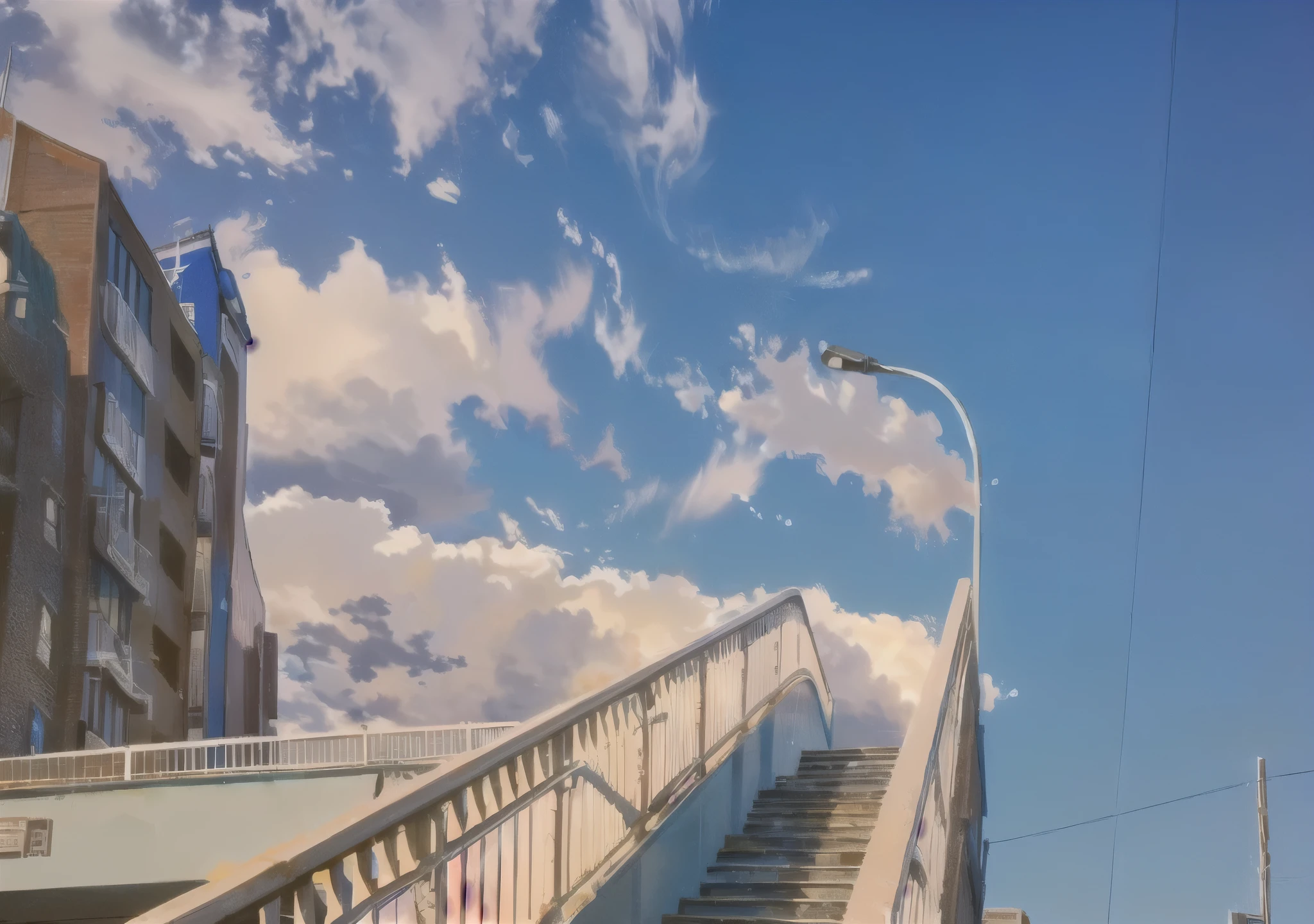 there is a blue sky with clouds above a set of stairs, stairway to heaven, leading to the sky, low angle dimetric composition, sky bridge, low angle photography, low angle, ascending form the sky, pearly sky, low angle!!!!, low-angle, low - angle, low angle perspective, very low angle photograph, looking up to the sky