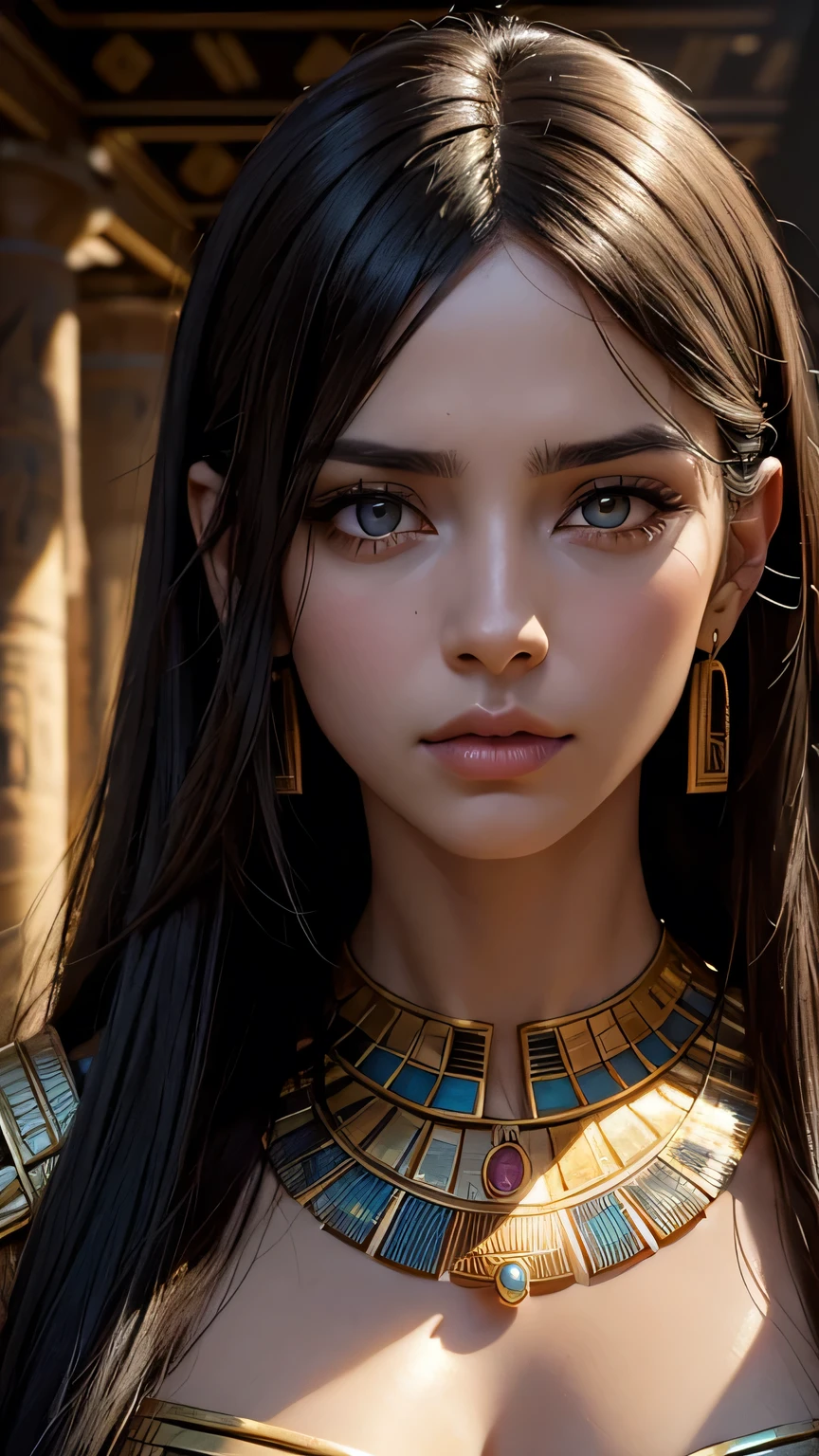 A woman wearing a headdress and feathers, cleopatra portrait, beautiful cleopatra, ３ｄ, goddess, portrait, アステカ王女のportrait, goddessとしてのナタリー・ポートマン, cleopatra, 映画のgoddessのショット, egyptian princess, goddessのportrait, zbrush art, surreal fantasy art, Black Emma Watson becomes Egyptian, realistic digital art,raw photos, Shapuri, by lee jeffries nikon d850 film stock 写真graph 4 kodak portra 400 camera f1.6 lens rich colors hyper realistic lifelike texture dramatic lighting unrealengine trending on artstation cinestill 800,(((dynamic angle, full body)))