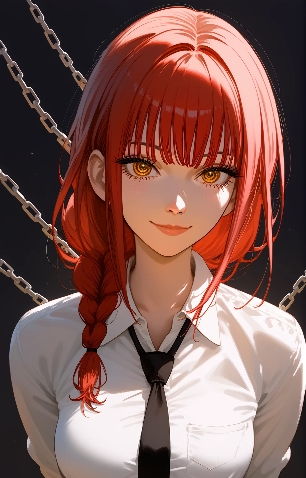 makima with the face of Margot Robbie (chainsaw man), best quality, ultra detailed, 1girl, solo, standing, red hair, long braided hair, golden eyes, bangs, medium breasts, white shirt, tie, look, smile, (bad: 1.2), looking at the viewer, (interview: 1.3), (dark background, chains: 1.3), from above, sharp contrast, beautiful detailed eyes, focus, close up shot