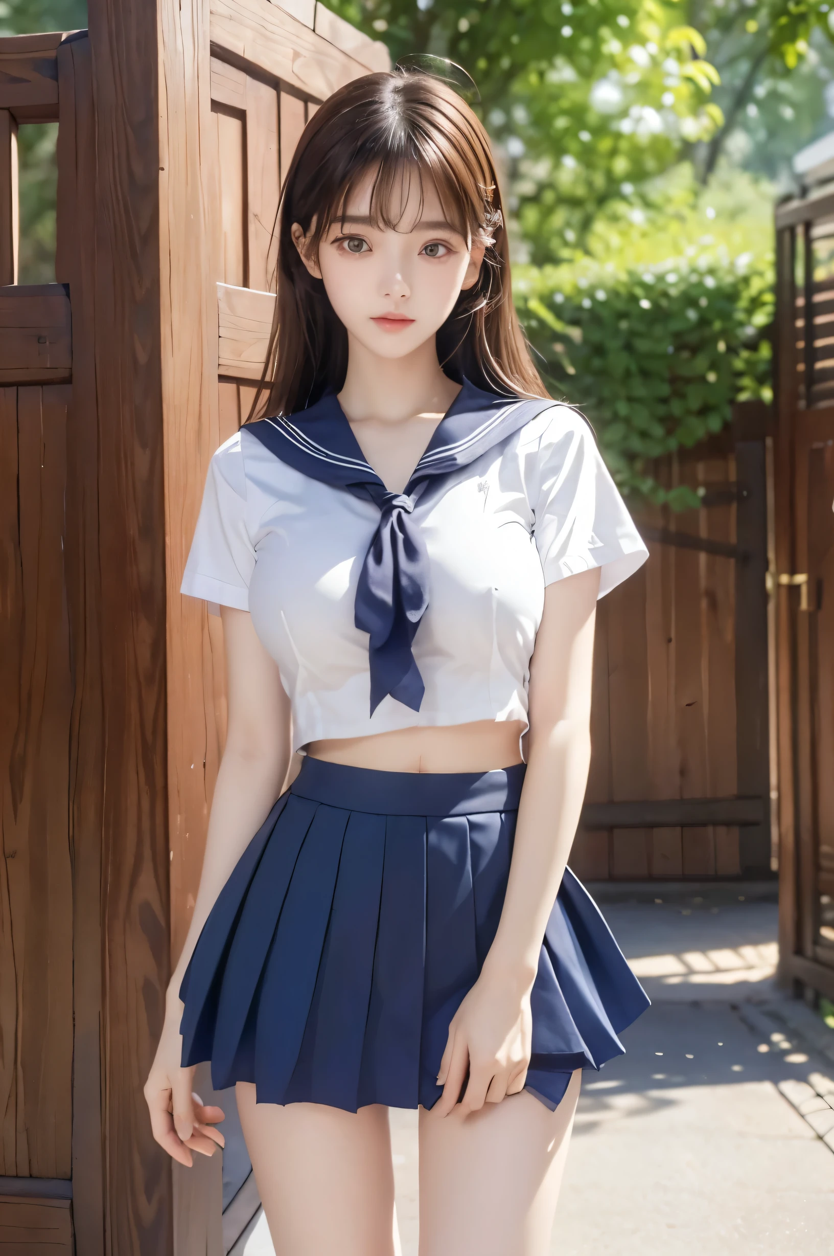 (Ultra HD), (Looking at me), (Short-sleeved sailor uniform, Navy blue mini skirt), Big Breasts, Super beautiful breasts, Slender, (Thin legs:1.2), (Thin thighs:1.2), (Thin Hips:1.4), (Beautiful Skin, Shiny skin, White skin), (Super slim face, Super beautiful face, No makeup, Smile:0.6), (Light Brown, Long Hair, Layered Cut, Fluffy hair), (Big eyes:1.3, High corners of the eyes:1.6, Double eyelids), (Thin eyebrows:0.1), (Small Nose:0.6), (Thin lips:0.6), Standing, In front of the school gate