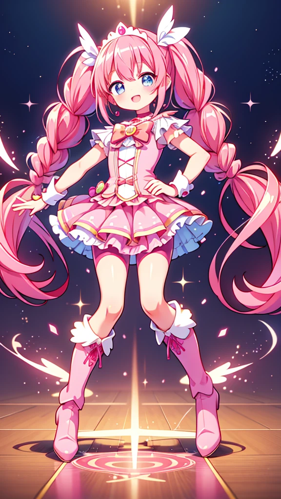 nsfw、anime、1 girl、Cure Happy、Pink Hair、(Large curly hair with low pigtails)、Feather ornament、skirt、Tiara、Wrist cuffs、(Pink shorts)、(skirtの下のPink shorts)、boots、Happy smile、(Shiny fabric)、Cowboy Shot、Pink Gemstones、Standing、blush、(Beautifully detailed eyes)、Highly detailed face、Perfect lighting、Highly detailed CG、(Perfect hands、Perfect Anatomy)、Shiny material、Pink ribbon、jewelry、Latex Shine、