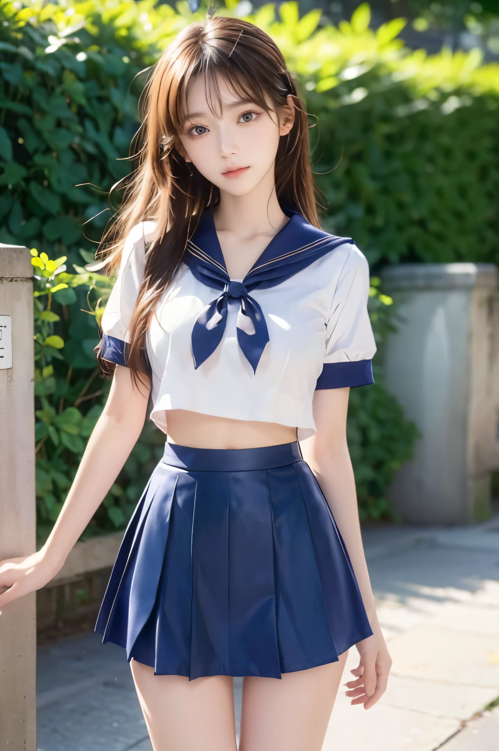 (Ultra HD), (Looking at me), (Short-sleeved sailor uniform, Navy blue mini skirt), Big Breasts, Super beautiful breasts, Slender, (Thin legs:1.2), (Thin thighs:1.2), (Thin Hips:1.4), (Beautiful Skin, Shiny skin, White skin), (Super slim face, Super beautiful face, No makeup, Smile:0.6), (Light Brown, Long Hair, Layered Cut, Fluffy hair), (Big eyes:1.3, High corners of the eyes:1.6, Double eyelids), (Thin eyebrows:0.1), (Small Nose:0.6), (Thin lips:0.6), Empty-handed, Standing, In front of the school gate