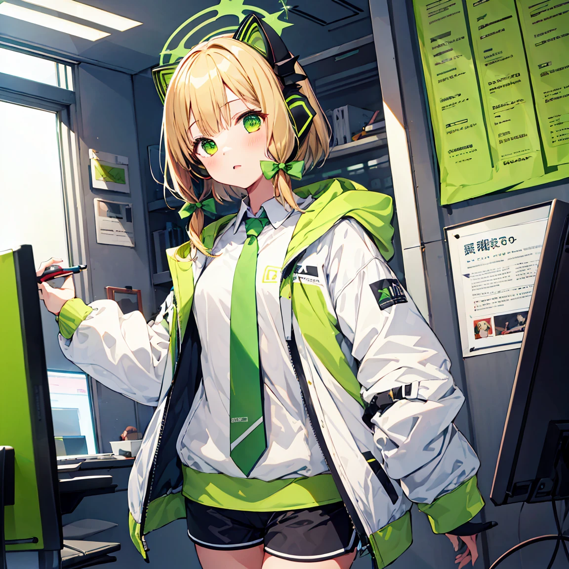 One girl,Solo,blonde_hair, animal_S, fake_animal_S, Headphones, halo, animal__Headphones, bow, cat__Headphones,(Large size white hoodie),(light green necktie), shortS, Knee-high,, 前hair, hair_bow, Green_\(green_archive\), green_eye, short_hair,Cowboy Shot,