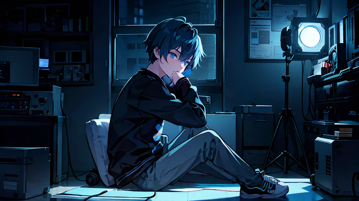 teenage boy doing personal broadcasting, thinking thoughtfully in a dark room, Navy, Blue-haired, blue eyes