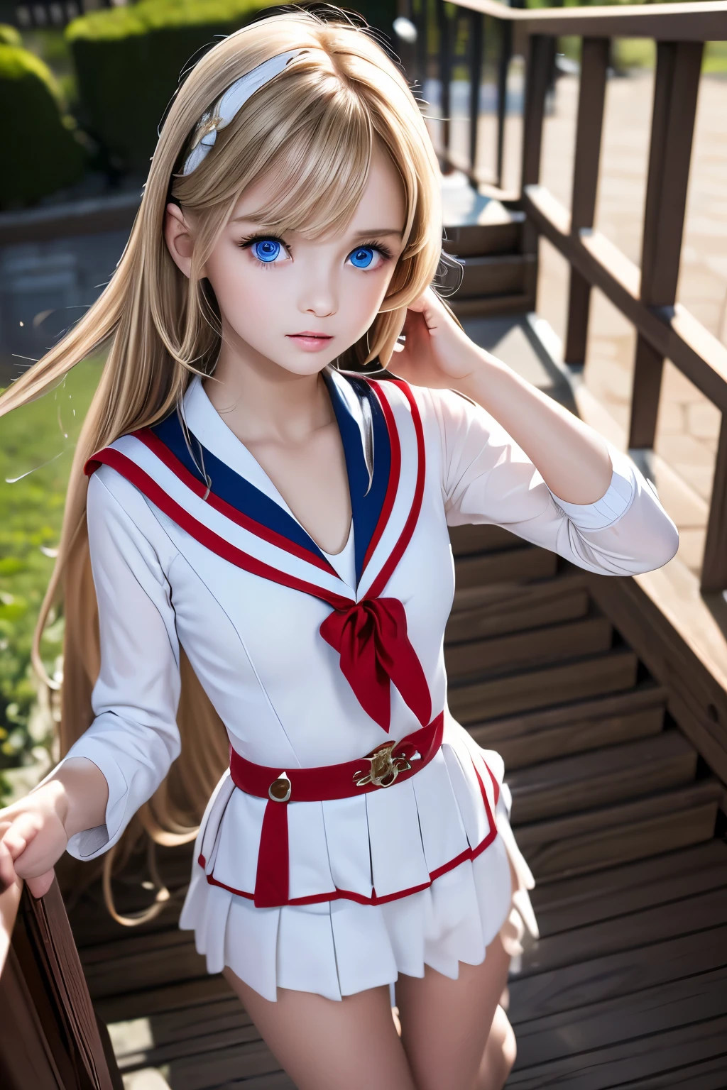 masterpiece,Best Quality,Very detailed,beautiful girl, teenager,Sailor suit,uniform,Outdoor,Stairs to the sky,Small breasts,Narrow waist,Straight blonde hair,Perfect Blue Eyes,Very cute,Active pose