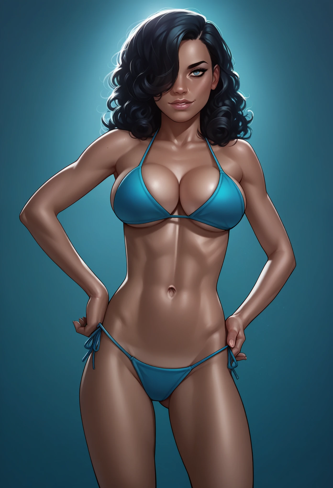 score_9, score_8_up, score_7_up, score_6_up, score_5_up, score_4_up,1girl, bikini, dark skin, standing, long curly black hair, hair over one eye, looking at viewer, cleavage, big breasts, dark background, realistic anatomy, high resolution, high quality, super detailed, sharp focus, perfect lighting, perfect colors, perfect perspective, balanced composition,
