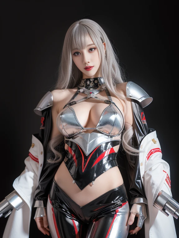 Super Detail, High Detail, high quality, best quality, High resolution，1 female robot，Beautiful female robot,beautiful clear face(Rain waves_haneame：1.5)， Realistic, High resolution, Soft Light,1 female, alone, Hips up, (Detailed face), silver hair, long hair, Mecha Maiden, Colorful mechanical parts, joint, Thick mechanical armor, , All metal body, Night City,