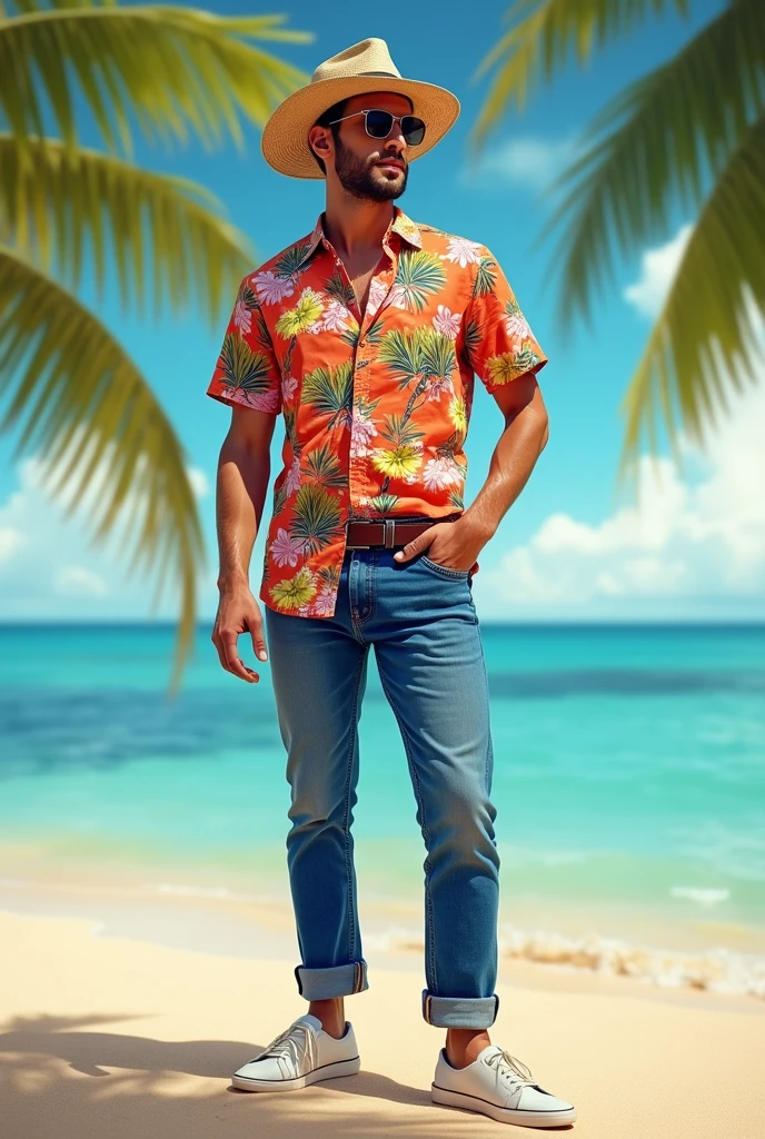 Asian male, 35 year old, dark brown crew cut hair, brown colored eyes, Hawaii colourful shirt and white pants, the sunrise on the Algarve beach, blue sky, blue atmosphere
