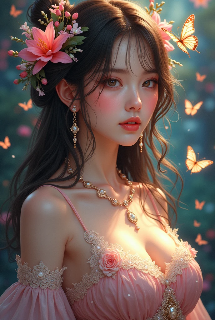 (masterpiece:1.3),(best quality:1.3),official art,Super Detailed,High Detail,Soft Lighting,8K,High Resolution,,(masterpiece:1.3),(best quality:1.3),official art,Super Detailed,High Detail,Soft Lighting,8K,High Resolution,,(masterpiece:1.3), (best quality:1.3), official art, Super Detailed, High Detail, Soft Lighting, 8K, High Resolution, High Detail Skin, Perfect Skin, RAM Photo, Real Photo,,(masterpiece:1.3), (best quality:1.3), official art, Super Detailed, High Detail, Soft Lighting, 8K, High Resolution, High Detail Skin, Perfect Skin, RAM Photo, Real Photo,,Style-Empire, 8k portrait of beautiful young woman with brown hair, intricate, elegant, highly detailed, majestic, digital photography, art by artgerm ruan jia and greg rutkowski surreal wet paint pink gold butterfly filigree, broken glass big breasts , microskirt,