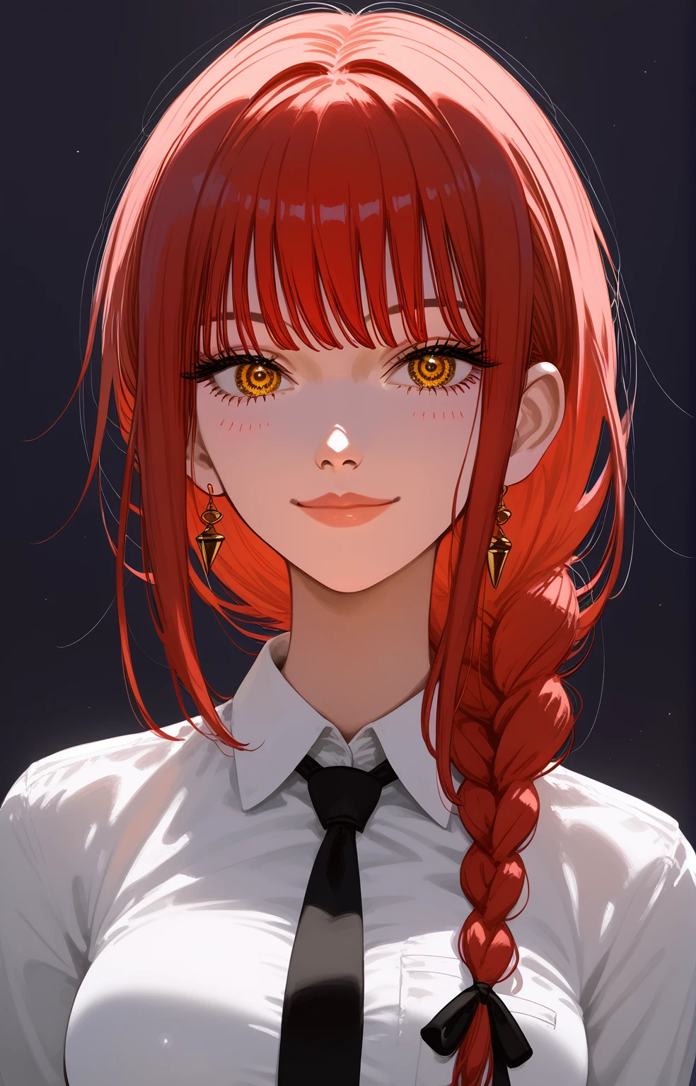 makima with the face of Margot Robbie (chainsaw man), best quality, ultra detailed, 1girl, solo, standing, red hair, long braided hair, golden eyes, bangs, medium breasts, white shirt, tie, look, smile, (bad: 1.2), looking at the viewer, (interview: 1.3), (dark background, chains: 1.3), from above, sharp contrast, beautiful detailed eyes, focus, close up shot