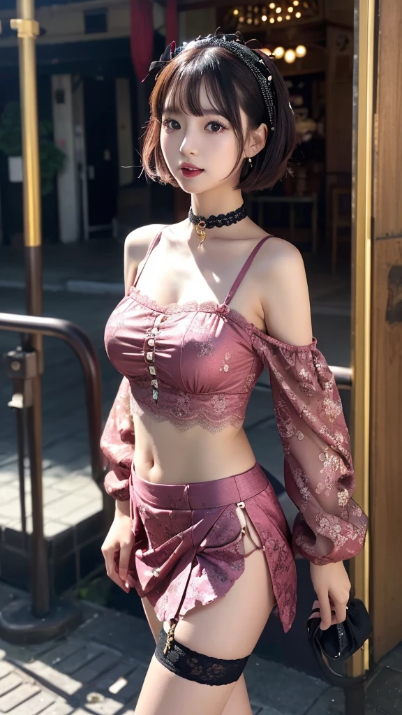 (((masterpiece, highest quality, Super detailed))), 1 female, (((very thin body))) , (((length, thin legs))), (((black short bob, thick fluffy bangs ))), (((highly detailed face))), No cosmetics, small and thin nose, thin mouth with small lips, (((Very sharp focused eyes))), Precise pale gray eyes with large slits, shine like a jewel, length eyelashes, ((Highly decorative intricate mechanical steampunk fashion, Lace Flare Mini Skirt, above the knee lace stockings, Lace Off Shoulder Lolita Fashion, Overly decorative fashion)), Abandoned Night, Complex mechanized steampunk factory catches fire and explodes, (((Overall accuracy has been dramatically improved, creating a Super detailed and realistic image))),  super realistic photos.,Are thin,Slim figure,Small waist,Thin legs,Thin legs,Small Bust,Small breasts,Very small hips,Flat Chest,,Thin legs,The belly button and the surrounding area are exposed,Light pink clothing,underwear is light pink,The underwear is thin string bikini underwear,Korean Beautiful Girl,Korean kpop idol star beautiful girl,Beautiful girl dancer,Narrow eyes,Pink Silver Hair,Super famous star dancer,The butt is small,The legs are thin,Narrow eyes, vivid colors clothes, vivid colors background,Very thin legs,