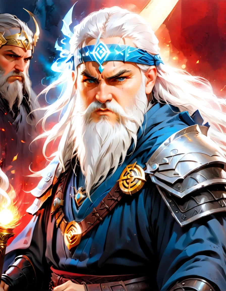 male, dwarf, (Masterpiece 1.5, intense details)cleric, paladin, (Masterpiece 1.5, intense details), casting a spell (Masterpiece 1.3, intense details),wearing heavy black armor with spikes (Masterpiece 1.2, intense details), wearing an eye patch, blue cloak with sun symbol, flowing (Masterpiece 1.5, intense details) holy symbol, long hair , white hair, long braided beard, (there is a red strands in the beard), frown, serious, high detail, Realism, Action painting, depth of field, god rays, wide shot, panorama, Ultra-Wide Angle, UHD, super detail, high quality, 16K, highres