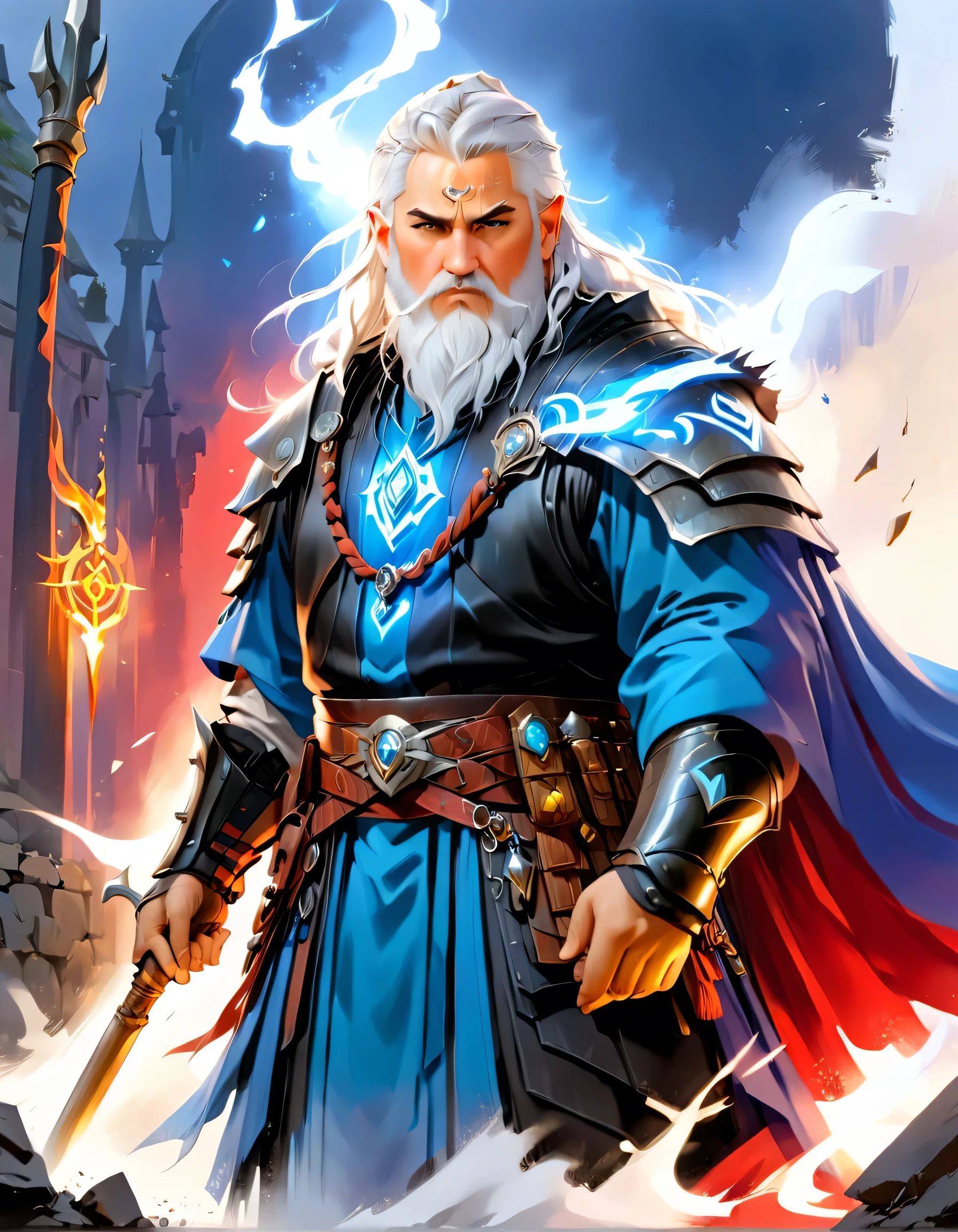 male, dwarf, (Masterpiece 1.5, intense details)cleric, paladin, (Masterpiece 1.5, intense details), casting a spell (Masterpiece 1.3, intense details),wearing heavy black armor with spikes (Masterpiece 1.2, intense details), blue cloak with sun symbol, flowing (Masterpiece 1.5, intense details) holy symbol, long hair , white hair, long braided beard, (there is a red strands in the beard), frown, serious, high detail, Realism, Action painting, depth of field, god rays, wide shot, panorama, Ultra-Wide Angle, UHD, super detail, high quality, 16K, highres