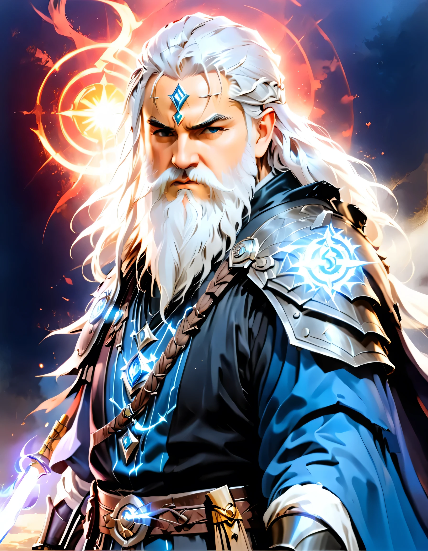 male, dwarf, (Masterpiece 1.5, intense details)cleric, paladin, (Masterpiece 1.5, intense details), casting a spell (Masterpiece 1.3, intense details),wearing heavy black armor with spikes (Masterpiece 1.2, intense details), blue cloak with sun symbol, flowing (Masterpiece 1.5, intense details) holy symbol, long hair , white hair, long braided beard, (there is a red strands in the beard), frown, serious, high detail, Realism, Action painting, depth of field, god rays, wide shot, panorama, Ultra-Wide Angle, UHD, super detail, high quality, 16K, highres