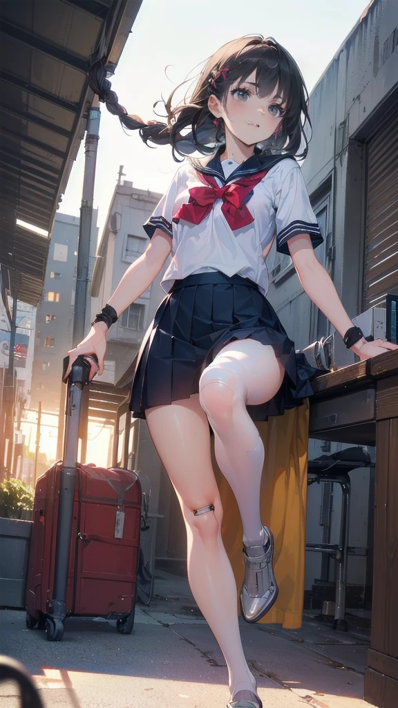 Full Body Shot,Perfect Eyes, Soft Light, high quality, 8k resolution, Masterpiece: Finely textured skin, Attention to detail, 最high quality, Awards, Very detailed, high quality,(( Girls,Student Uniform,High school girl,Body 30％mechanical,Laugh naturally:1.35,The left leg is a prosthetic:1.25,His right arm is a complete prosthetic.,,Prosthetic arms and legs are futuristic,Soft looking lips,Glowing skin,Hair is braided,Hair Accessories,Soft-looking skin:1.25)),100 Meter Sprint:1.25,Running at full speed,I&#39;m good at running,Run with your thighs up,Long distance running,She wears shorts under her skirt:1.25,Raising smoke,Parkour in the schoolyard,Speed,shortness of breath,120%Run with the power of,Carrying a school bag,Sweat dripping all over my body,Wearing shorts under a skirt,汗が飛び散る,汗で髪が濡れてる