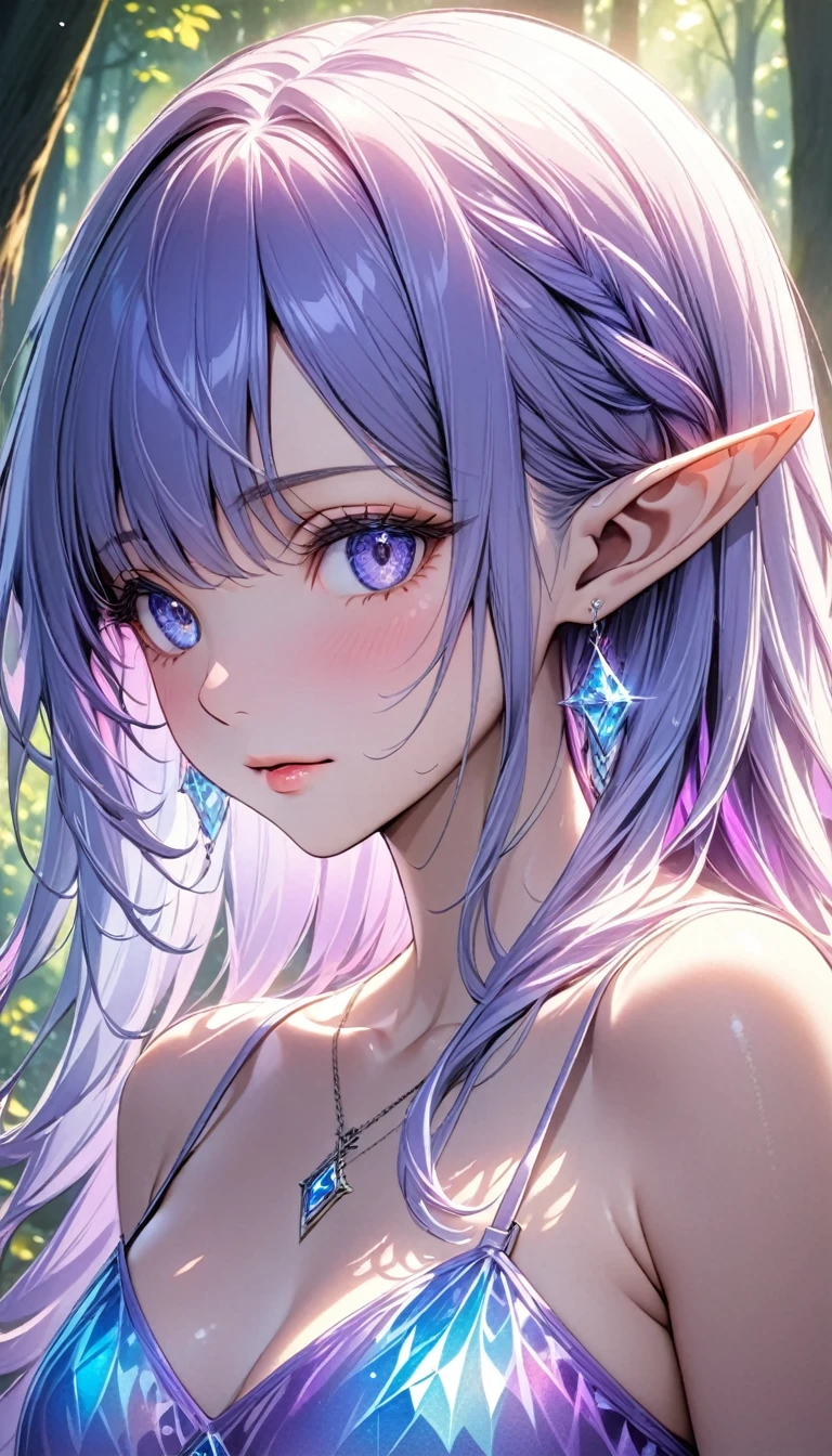 Lewd elf, anime style woman, thin, slender, full-body, tattooed, pierced, beautiful shining hair, iridescent eyes, slanted eyes, wavy hair, gentle and attractive, bare shoulders, delicate and sexy collarbone, half-body photo, attractive oval face, double eyelids, pink lips, small nose, focused face, face close-up, ultra high definition, ultra detail, elegant standing posture, Ultra-fine translucent wet yarn, wet see-through white T-shear, sparkly skin, sweat