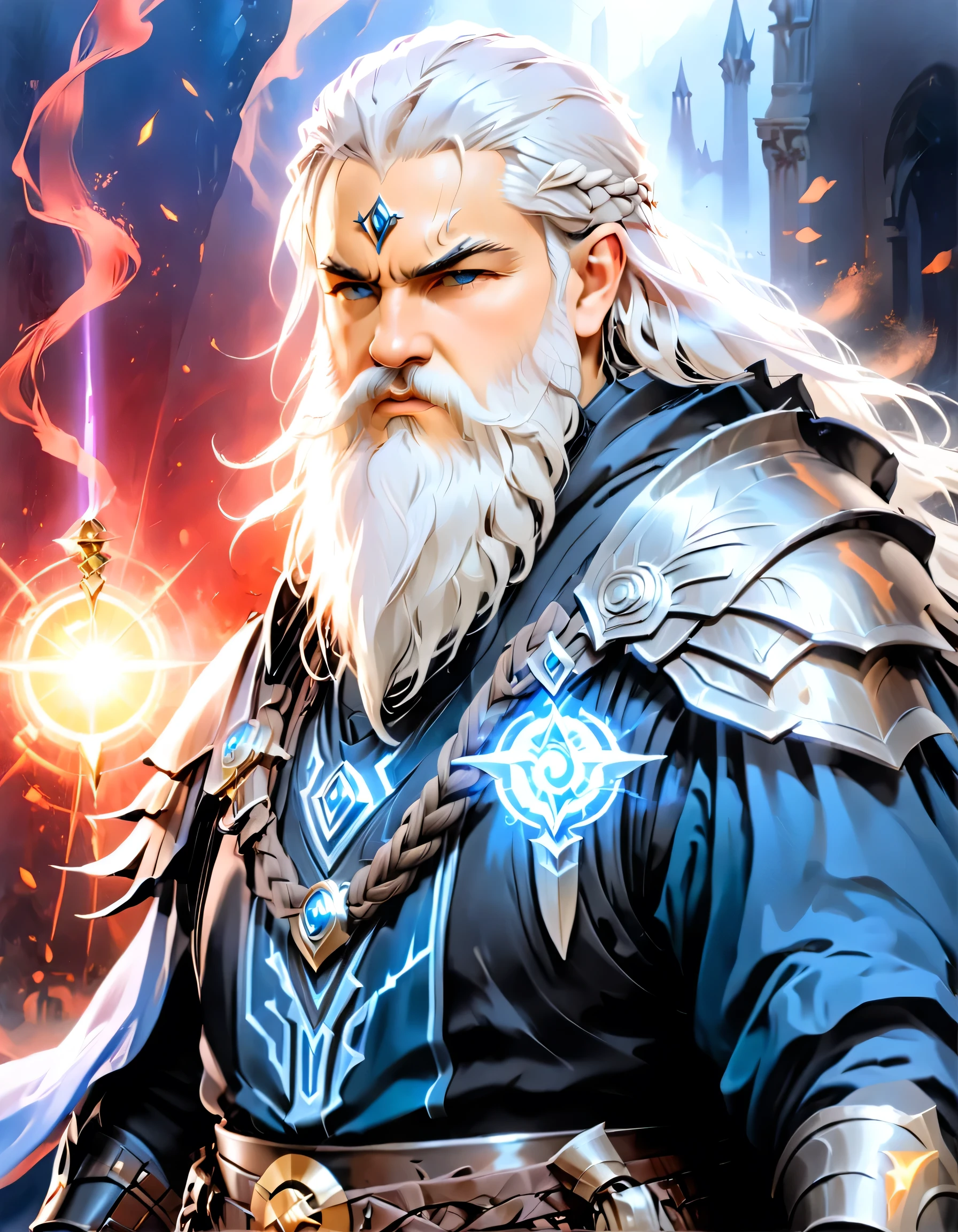 male, dwarf, (Masterpiece 1.5, intense details)cleric, paladin, (Masterpiece 1.5, intense details), casting a spell (Masterpiece 1.3, intense details),wearing heavy black armor with spikes (Masterpiece 1.2, intense details), blue cloak with sun symbol, flowing (Masterpiece 1.5, intense details) holy symbol, long hair , white hair, long braided beard, (there is a red strands in the beard), frown, serious, high detail, Realism, Action painting, depth of field, god rays, wide shot, panorama, Ultra-Wide Angle, UHD, super detail, high quality, 16K, highres