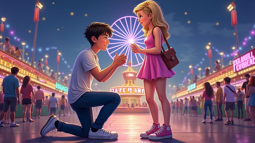 A girl wearing pink panties and a pink bra kissing a shirtless boy in black shorts, they are standing on top of a swing in front of a waterfall