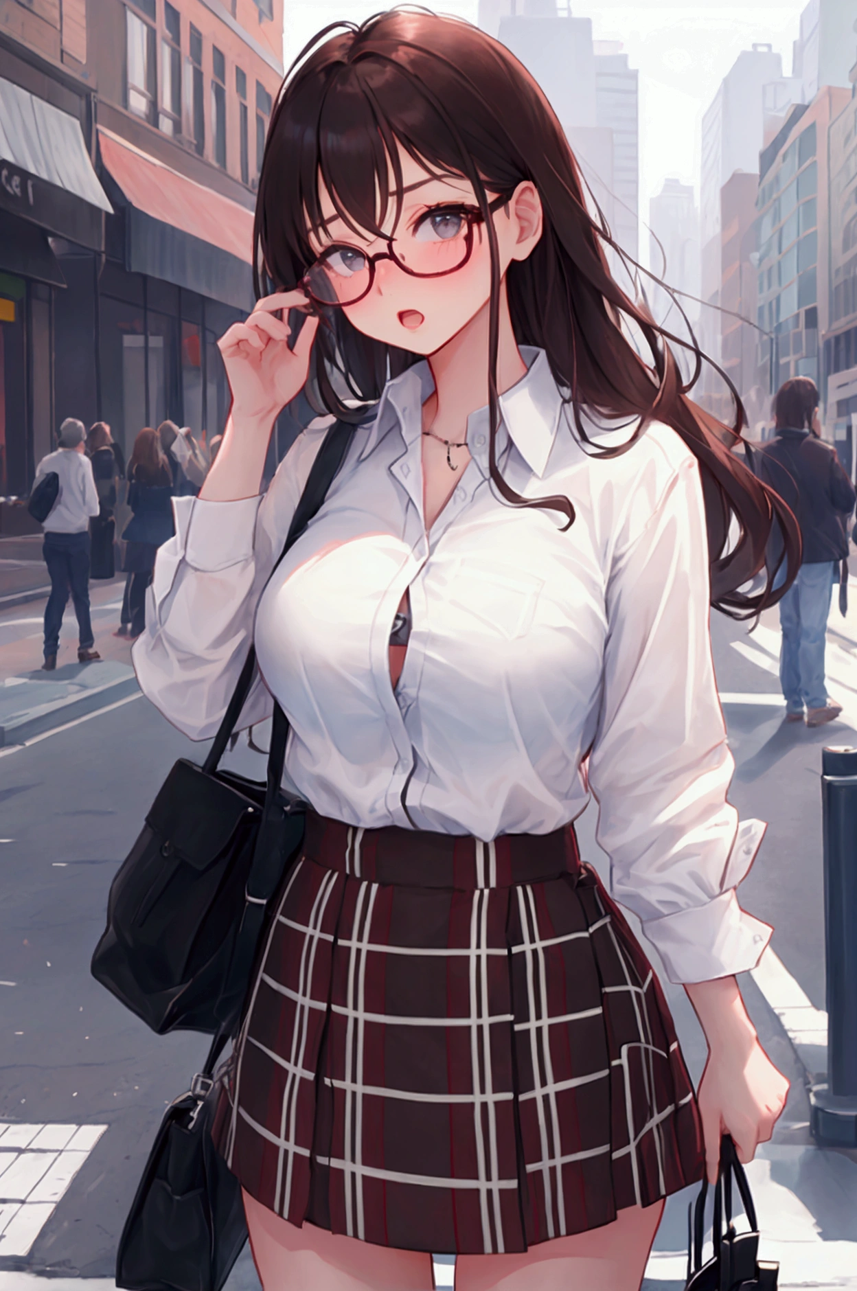 (high quality, High resolution, Finer details), Sidewalk, Side view, alone, girl, Braiding, , Sparkling eyes, (large round frame glasses), (Beautiful Eyes), Big Breasts, ((A kind smile)), blush, Sweat, Oily skin, (focal plane), Shallow depth of field，Knitted sweater，Tight Skirt