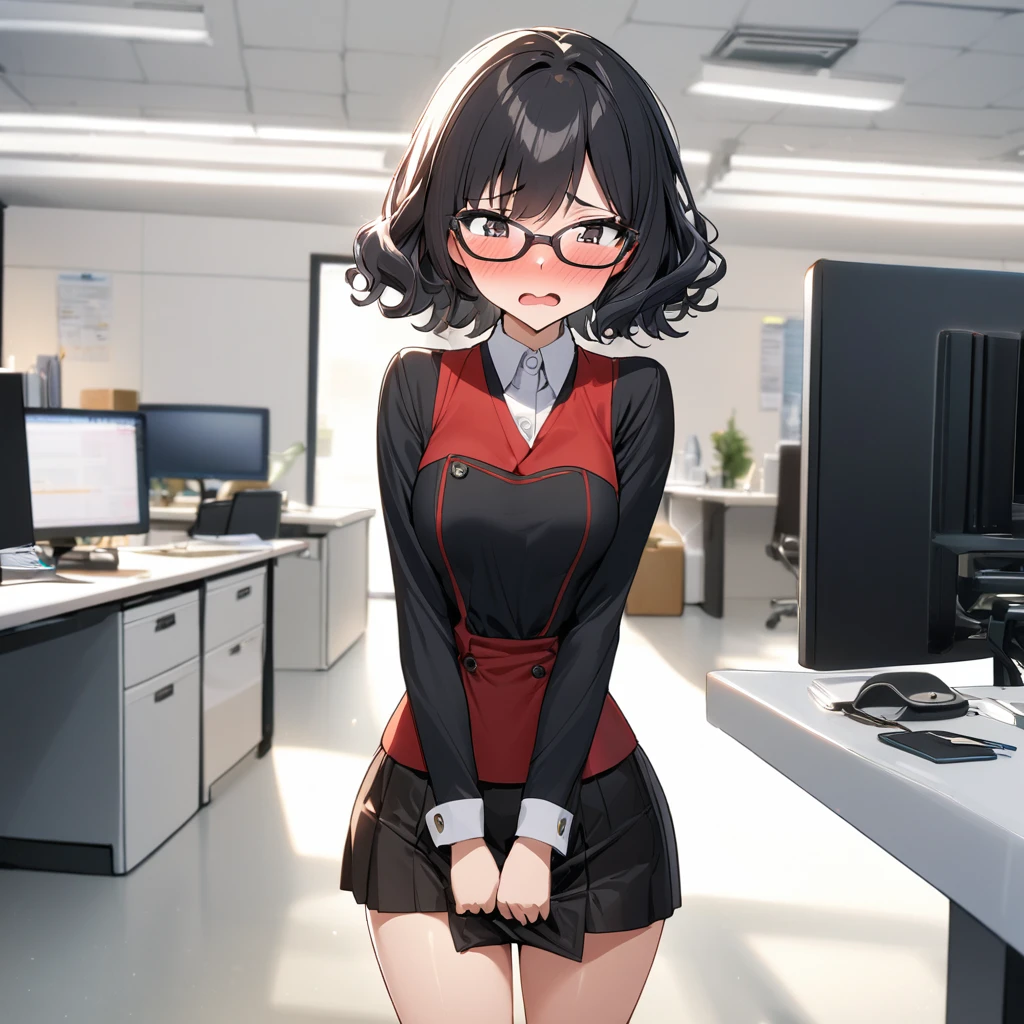 1 girl,black long hair,medium breasts,black suit,red eyes,wide hips,curvy,glasses,holding a folder with her right hand,entrance
