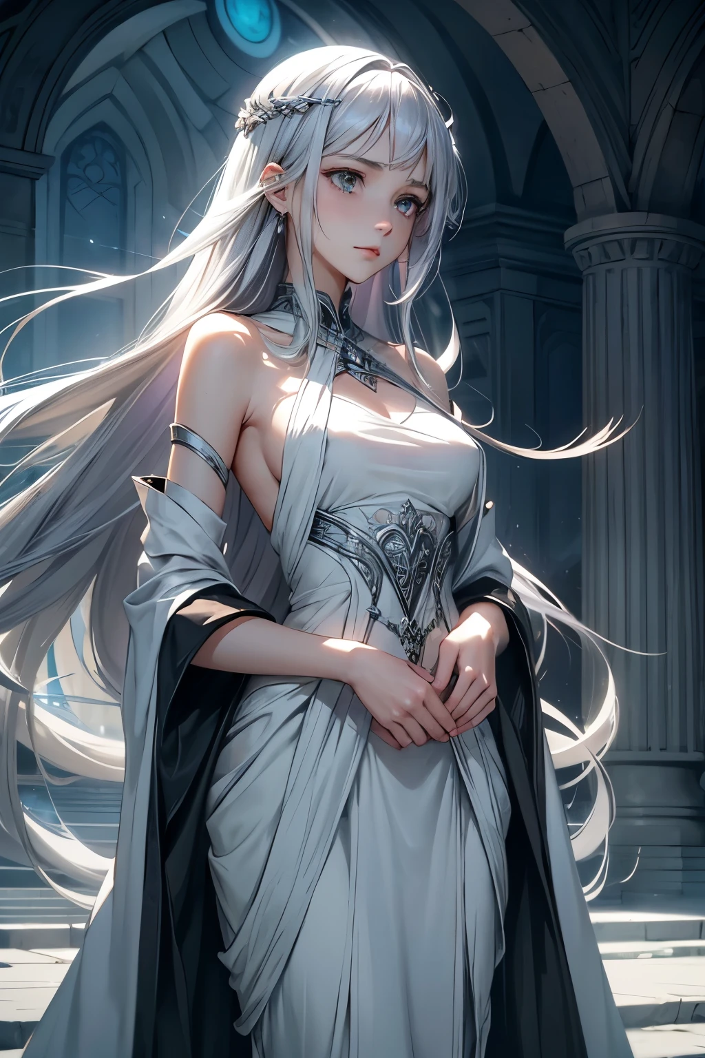(masterpiece:1.2, top-quality), (realistic, photorealistic:1.4), beautiful illustration, (natural side lighting, movie lighting), depth of fields, back lighting, looking at viewer, 1 girl, japanese, high chool girl, 10 years old, perfect face, cute and symmetrical face, shiny skin,
(long hair), asymmetrical bang, long eye lasher, cute round face, beautiful make up,
beautiful hair, beautiful face, beautiful detailed eyes, beautiful clavicle, beautiful body, beautiful chest, beautiful thigh, beautiful legs, beautiful fingers, (small breasts),(wide hips),(silver hair), (silver eyes:1.5), (suspended eyes), frilly dress, belt,flat chest,