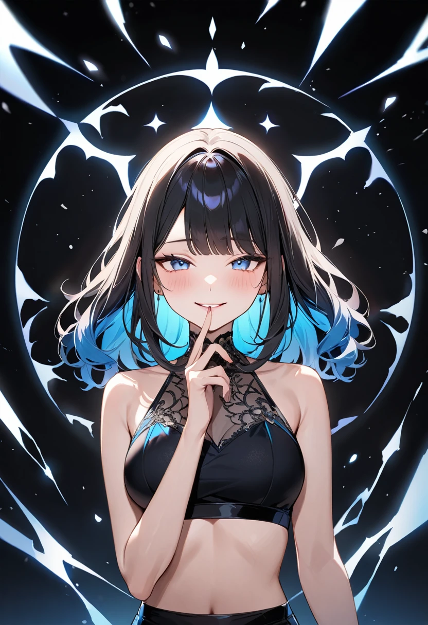 (masterpiece:1.2, best quality), (finely detailed beautiful eyes: 1.2), (detailed background,dark fantasy), (beautiful detailed face), high contrast, (best illumination, an extremely delicate and beautiful), ((cinematic light)), colorful, hyper detail, dramatic light, intricate details, (<lora:Ishimi-01:1>, hair between eyes, sweater, bikini, hot), swirling black light around the character, depth of field,black light particles,(broken glass),magic circle, (((black hair)))