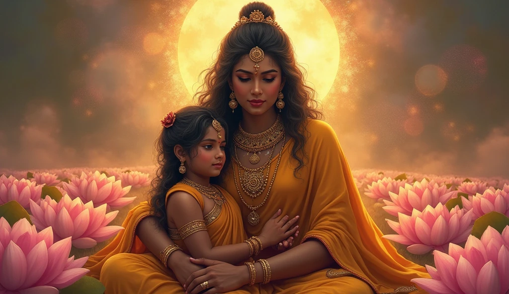 Create an image of goddess varaahi Amman teaching a child